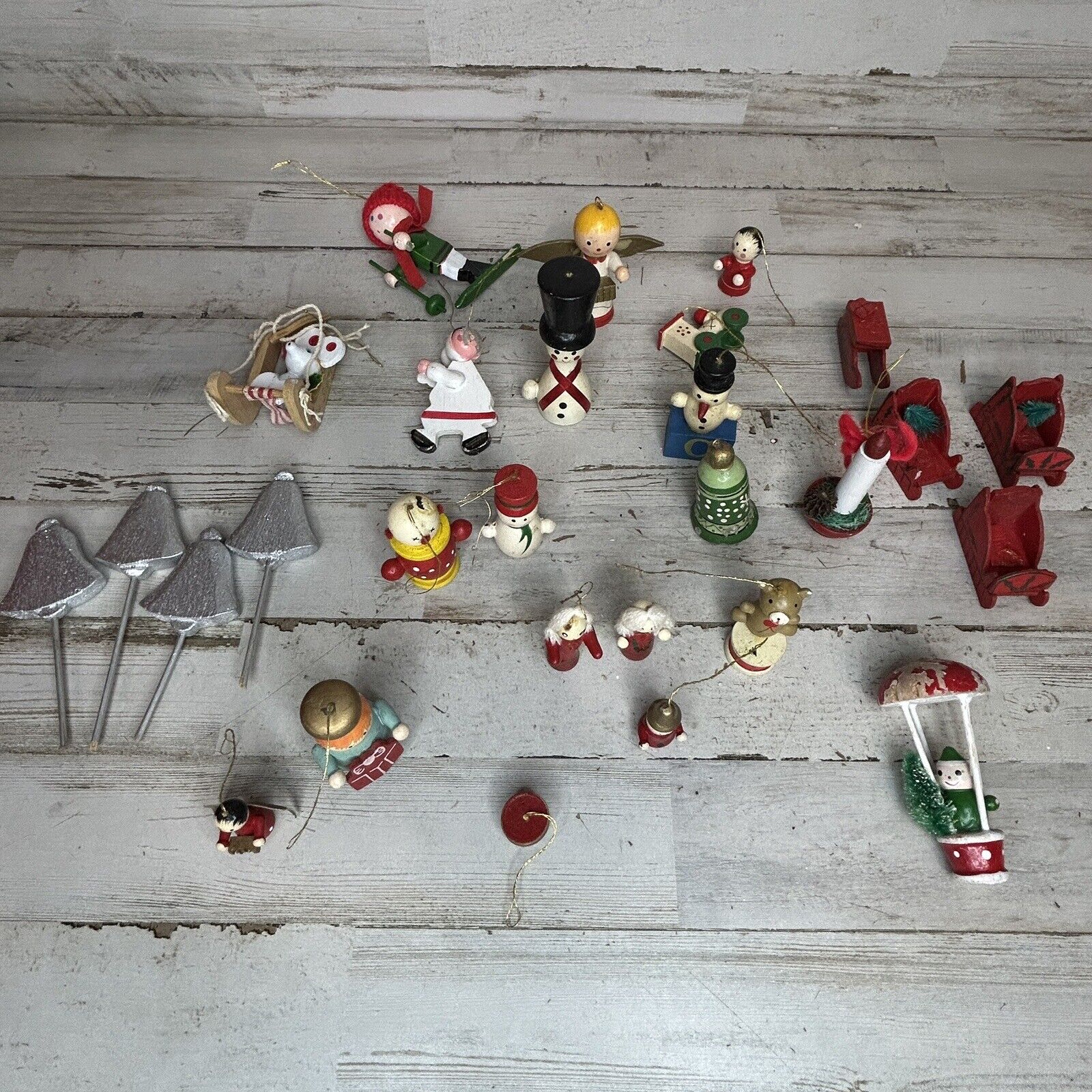 Lot Of 28 Vintage Christmas Wooden Ornaments Snowman Angel Clown *See Pics*