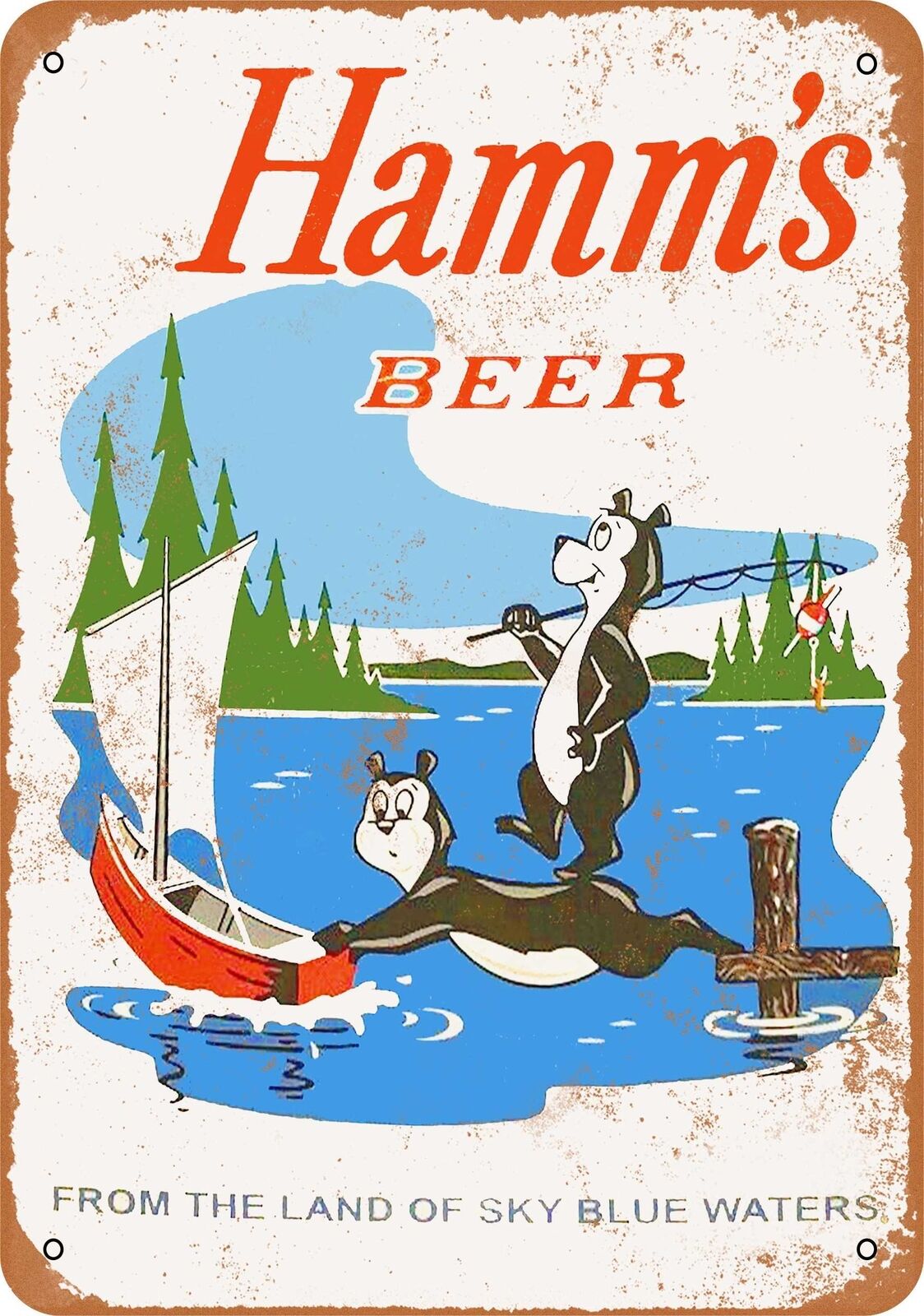 Metal Sign - 1956 Hamm\'s Beer Bears Fishing - Vintage Look Reproduction