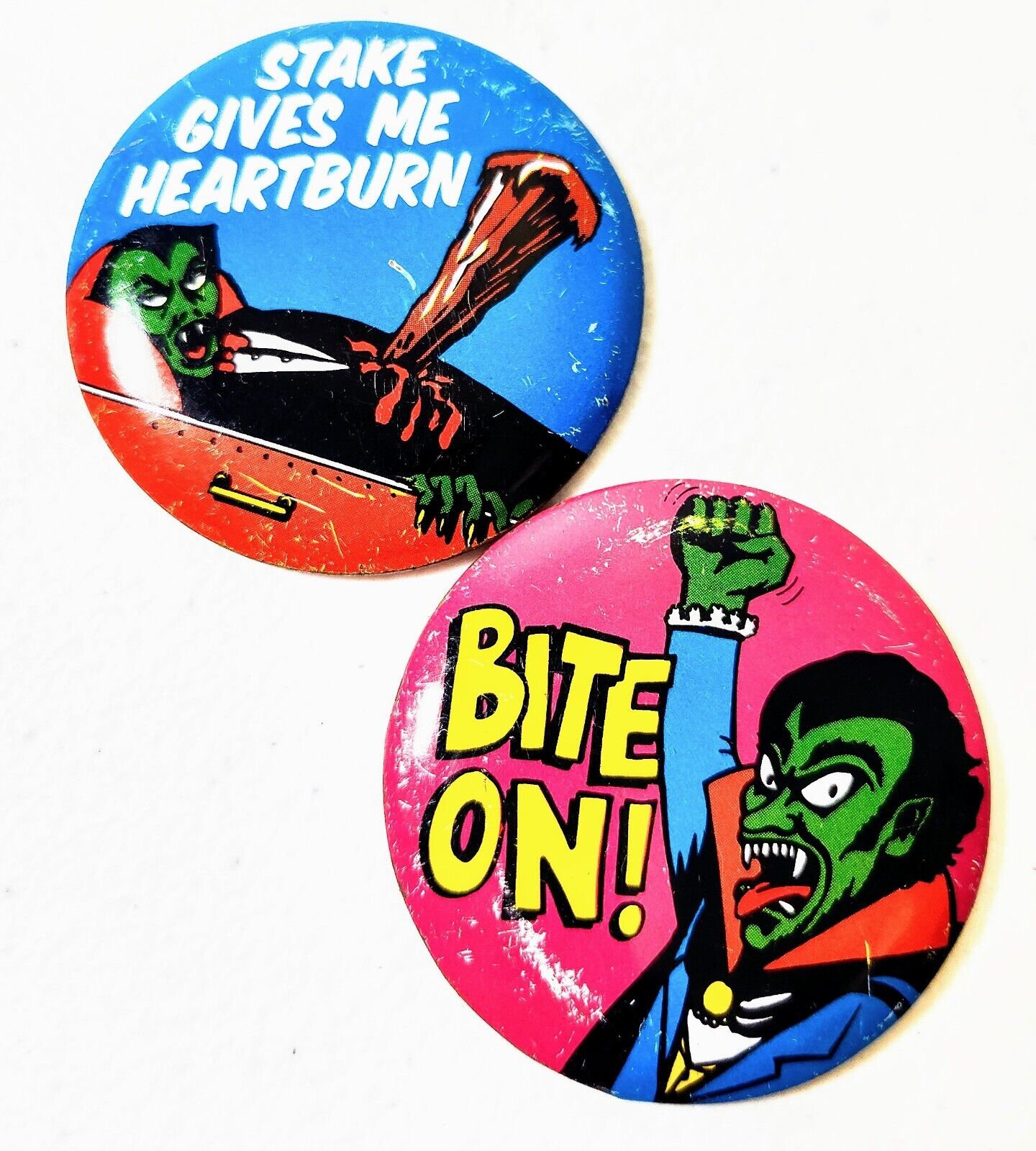 Two (2) Vintage UNIVERSAL MONSTERS Topps Batty Button Monster Pin Metal 1970s
