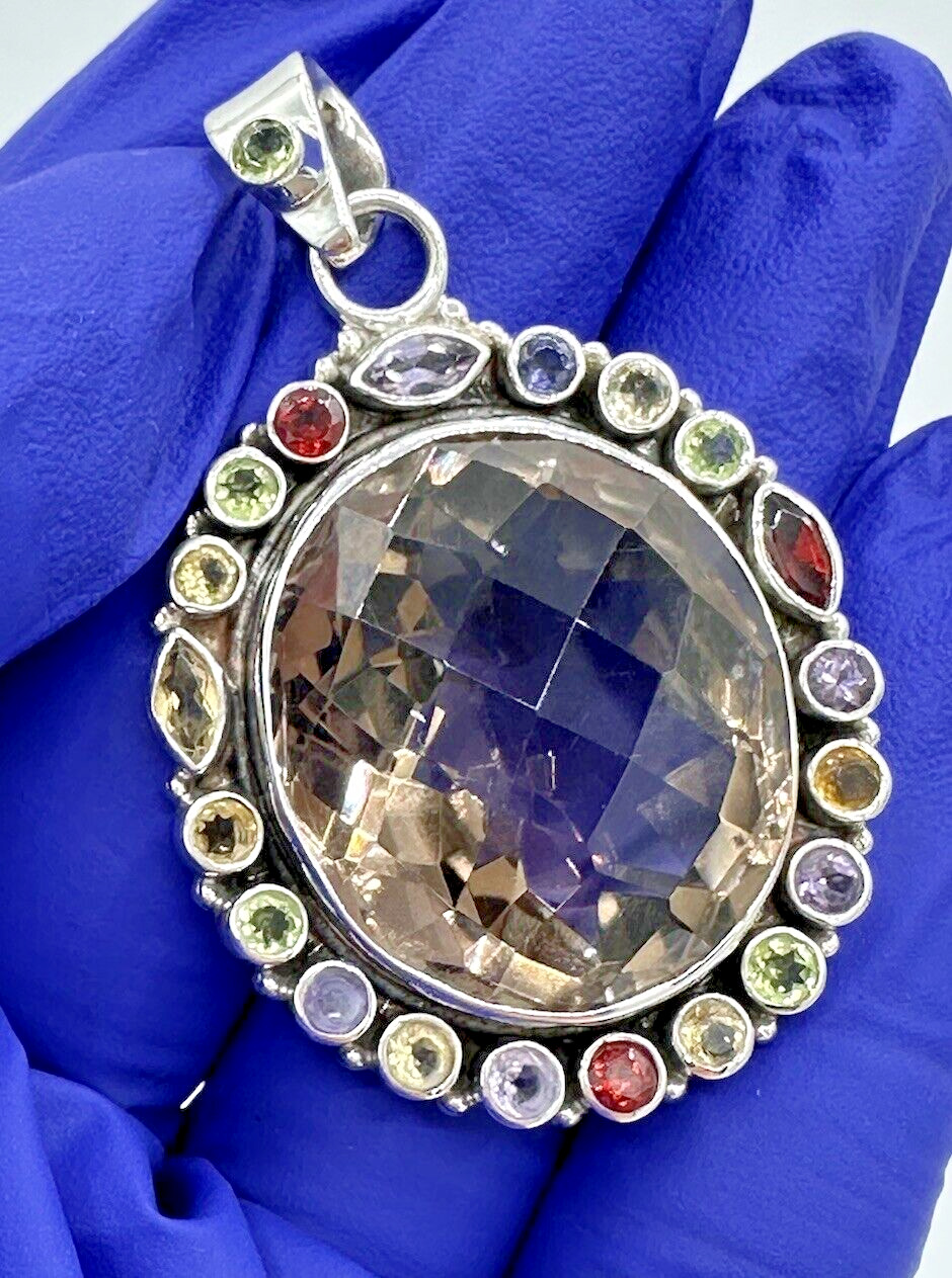 Vintage Sterling Silver 925 Multicolored Cluster Gemstone Oval Pendant 1.9”