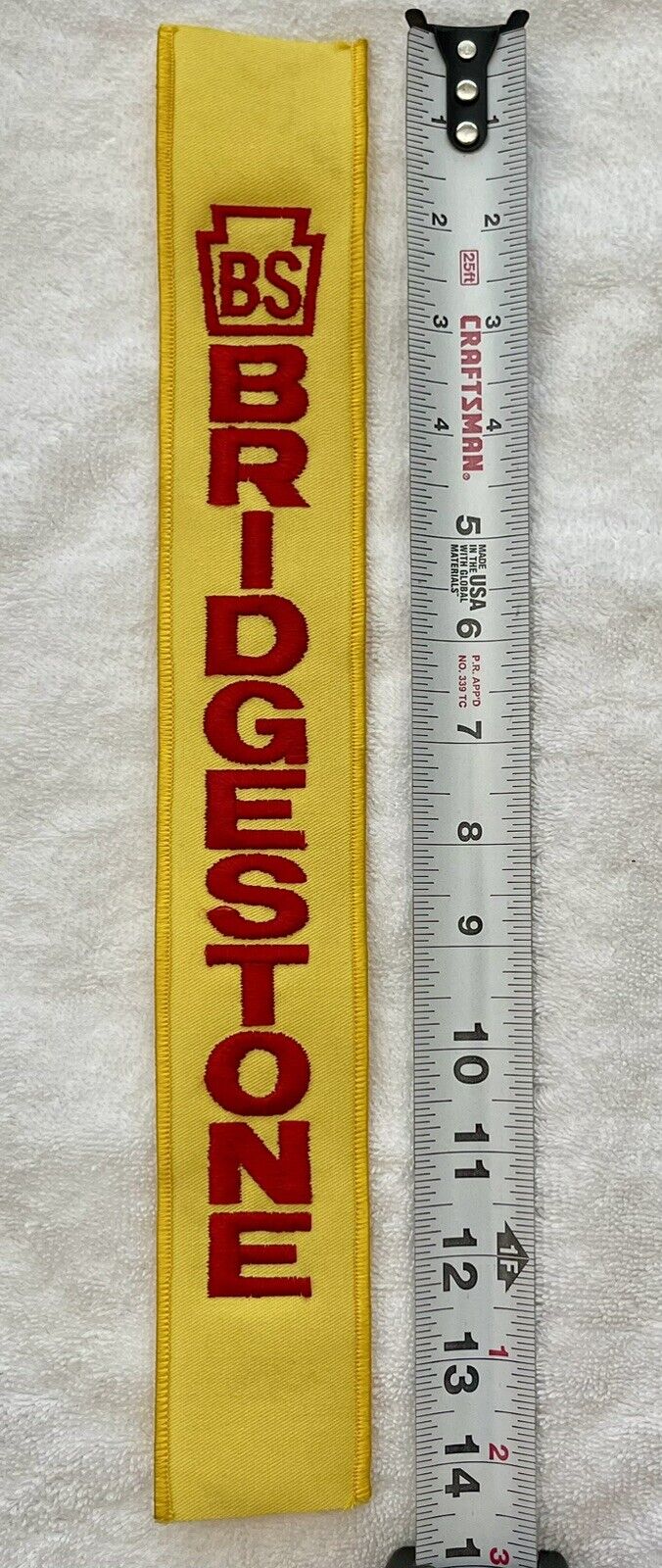 Bridgestone BS Iron On Patch Vintage Rare Yellow Vertical Large 14 X 2 Inch NOS