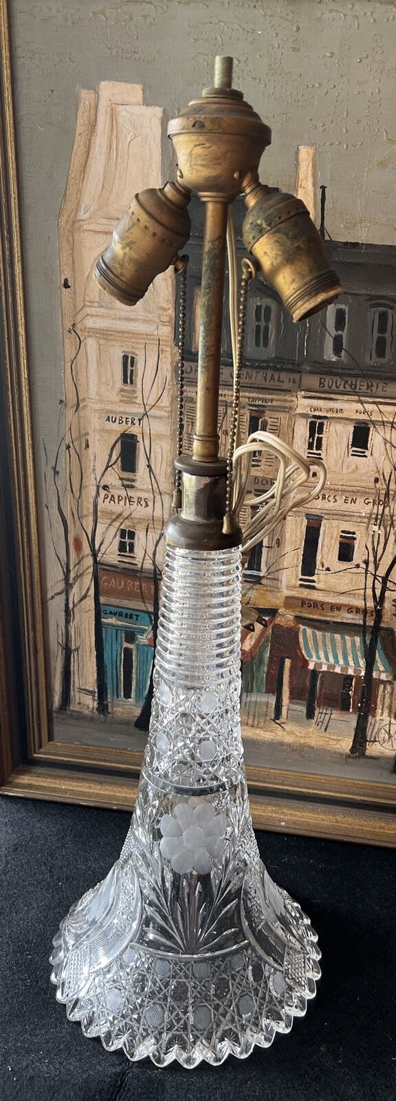 Vintage Antique Cut Crystal Lamp Base Base Only 22” Horseshoe Flower Pattern