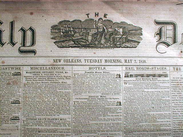 Rare Original 1850 New Orleans LOUISIANA newspaper  pre-CIVIL WAR 170 years old