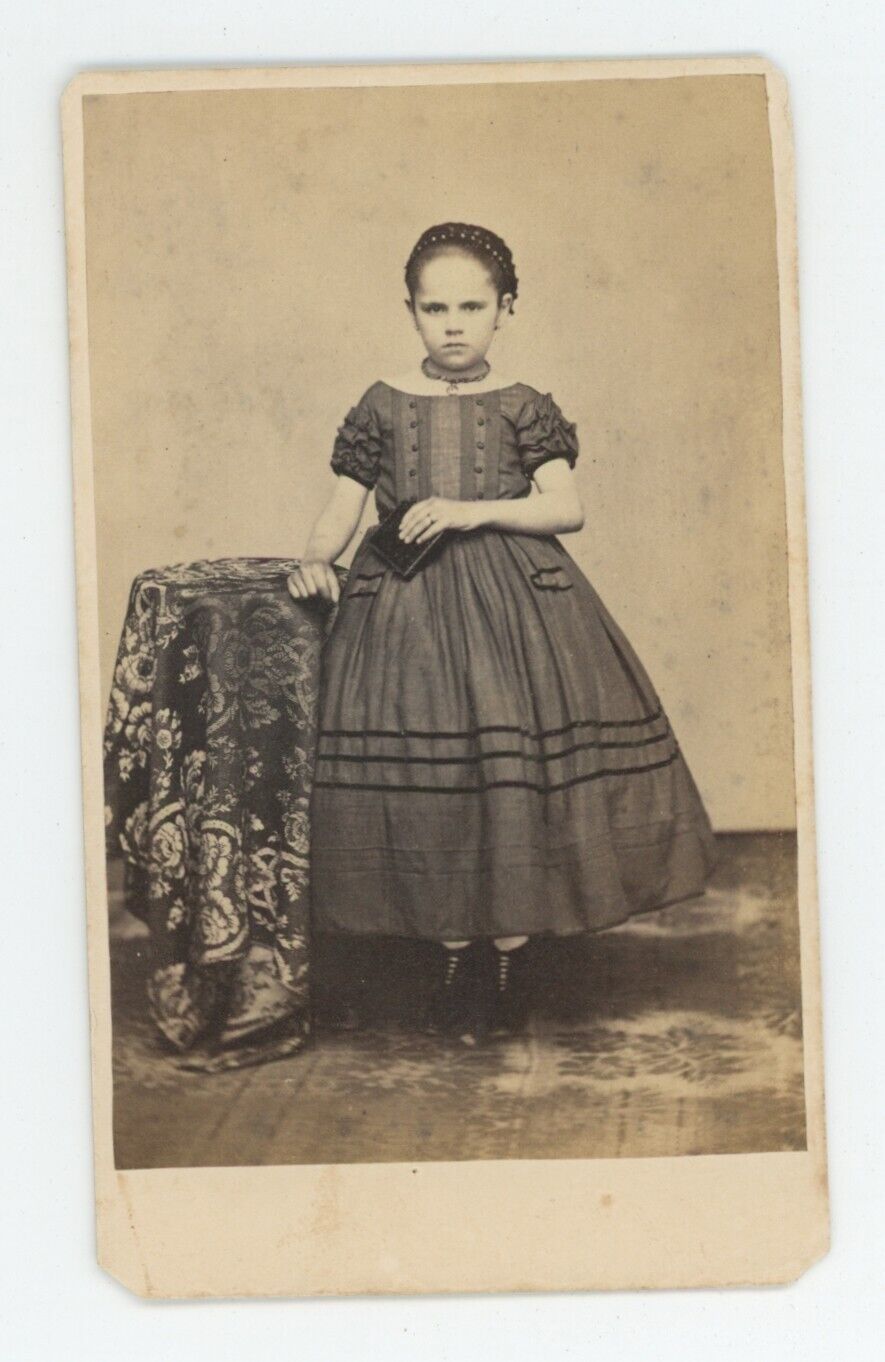 Antique CDV Circa 1860s Beautiful Little Girl in Adorable Dress Lancaster, PA