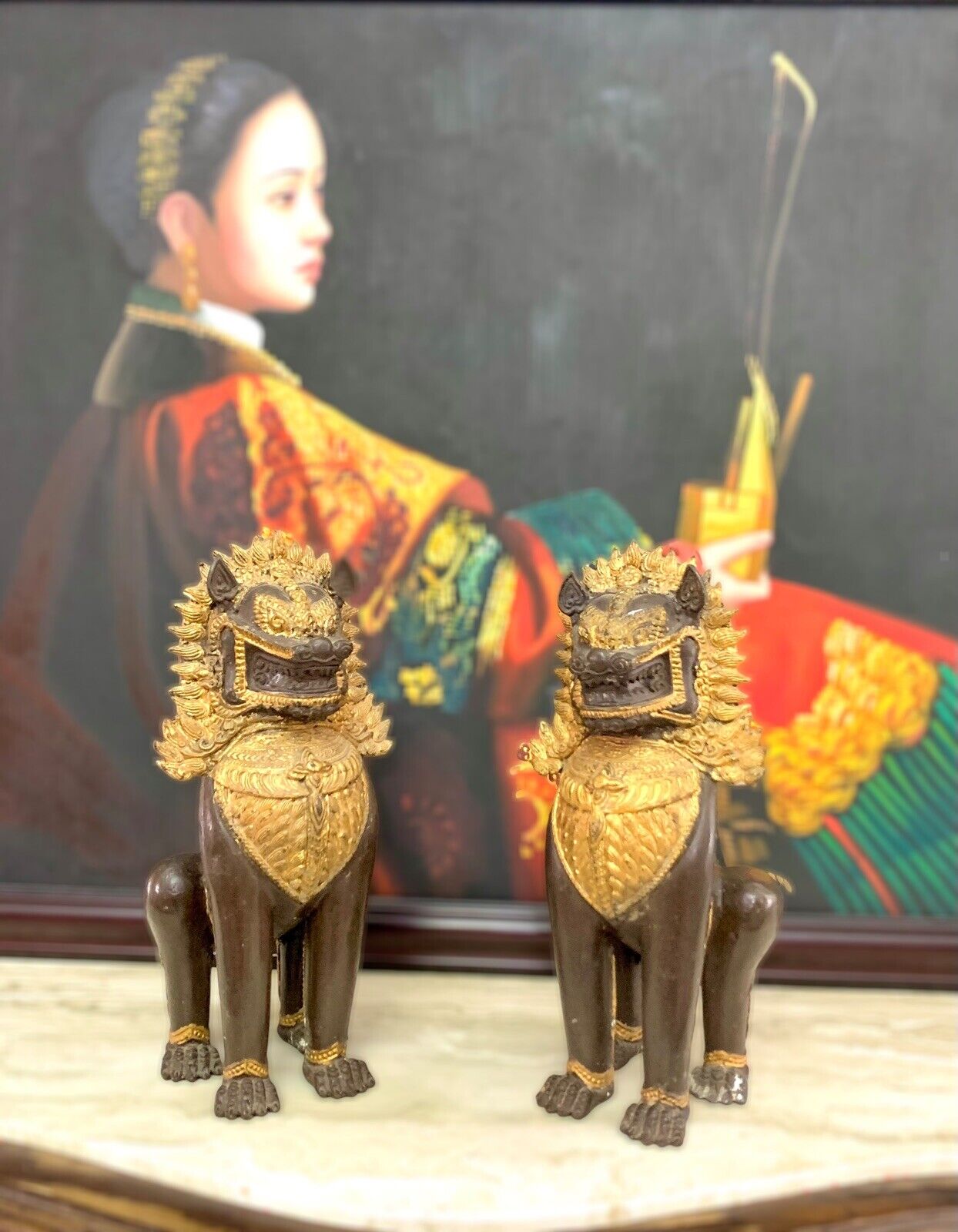 Foo Dog Statue Pair Fu Lion Heavy Metal Old Vintage Oriental Collectibles Decor