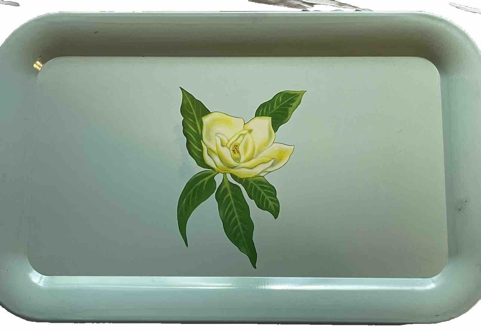 MID-CENTURY MODERN TURQUOISE RECTANGLE WITH MAGNOLIA FLOWER METAL TRAY