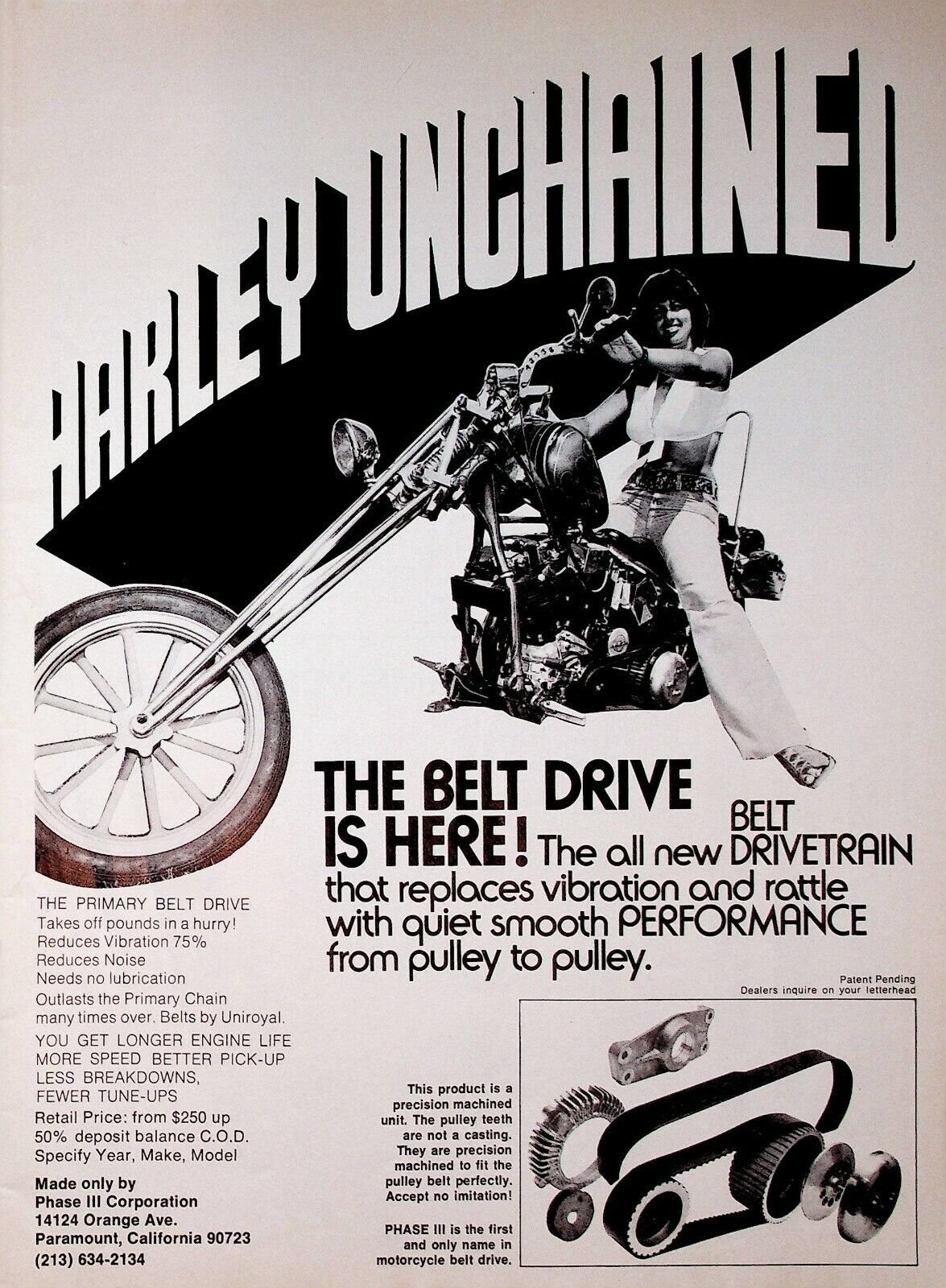 1974 Harley Unchained - Phase III Belt Drive - Vintage Motorcycle Ad