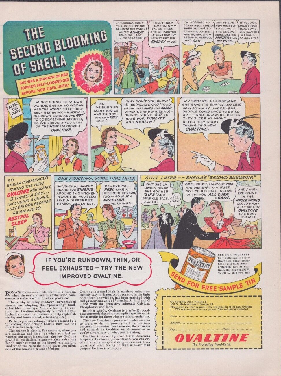1940 Print Ad Ovaltine Drink The Second Blooming of Sheila Cartoon Illustration