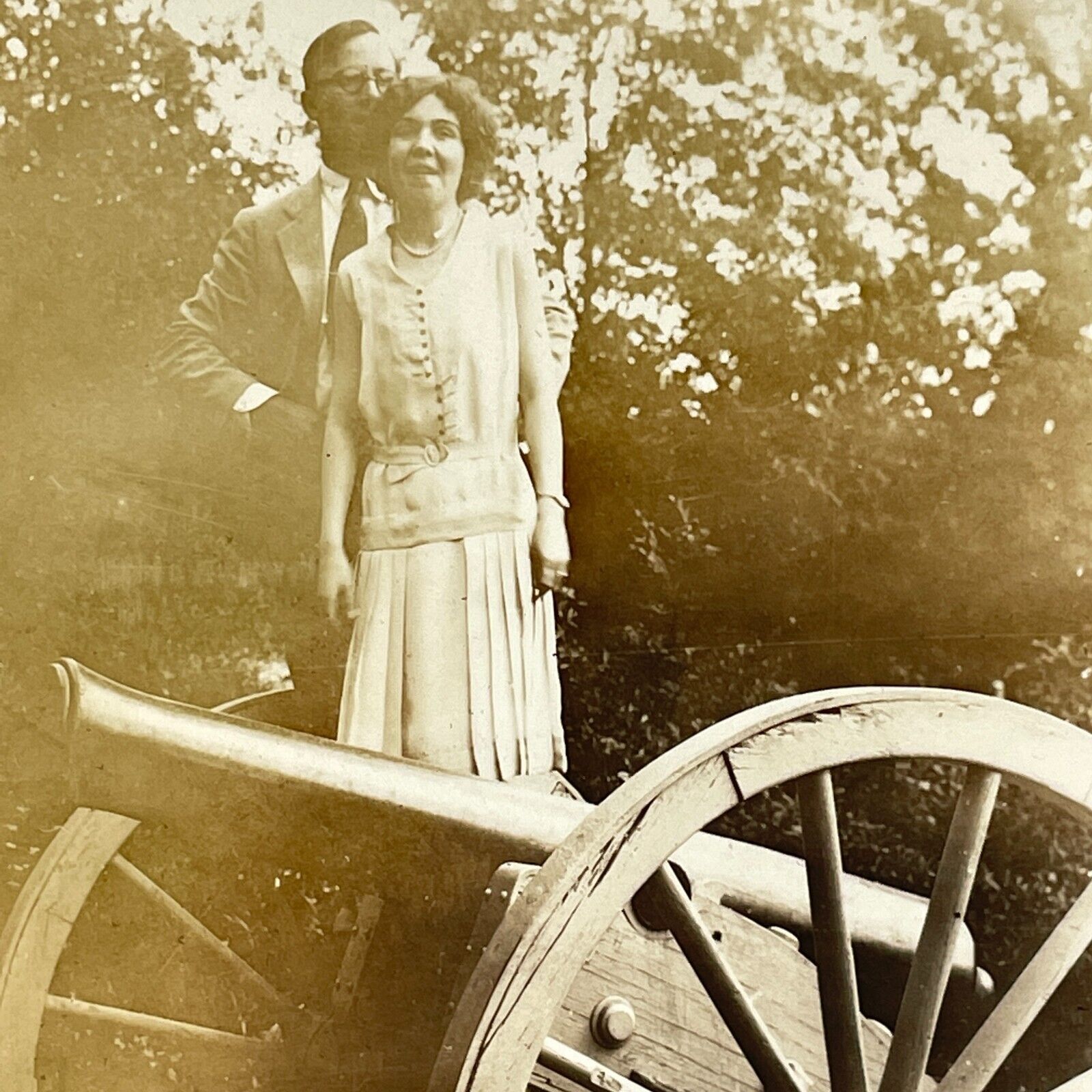OH Photograph 1920-30's Cute Couple Posing Near Large Cannon Wheel 