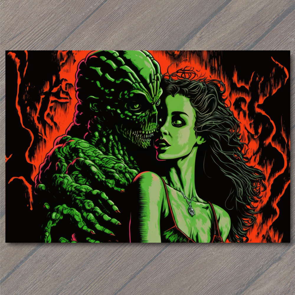 Postcard Retro Style Green Monster Vampire 1980s Art Revival Halloween Scary