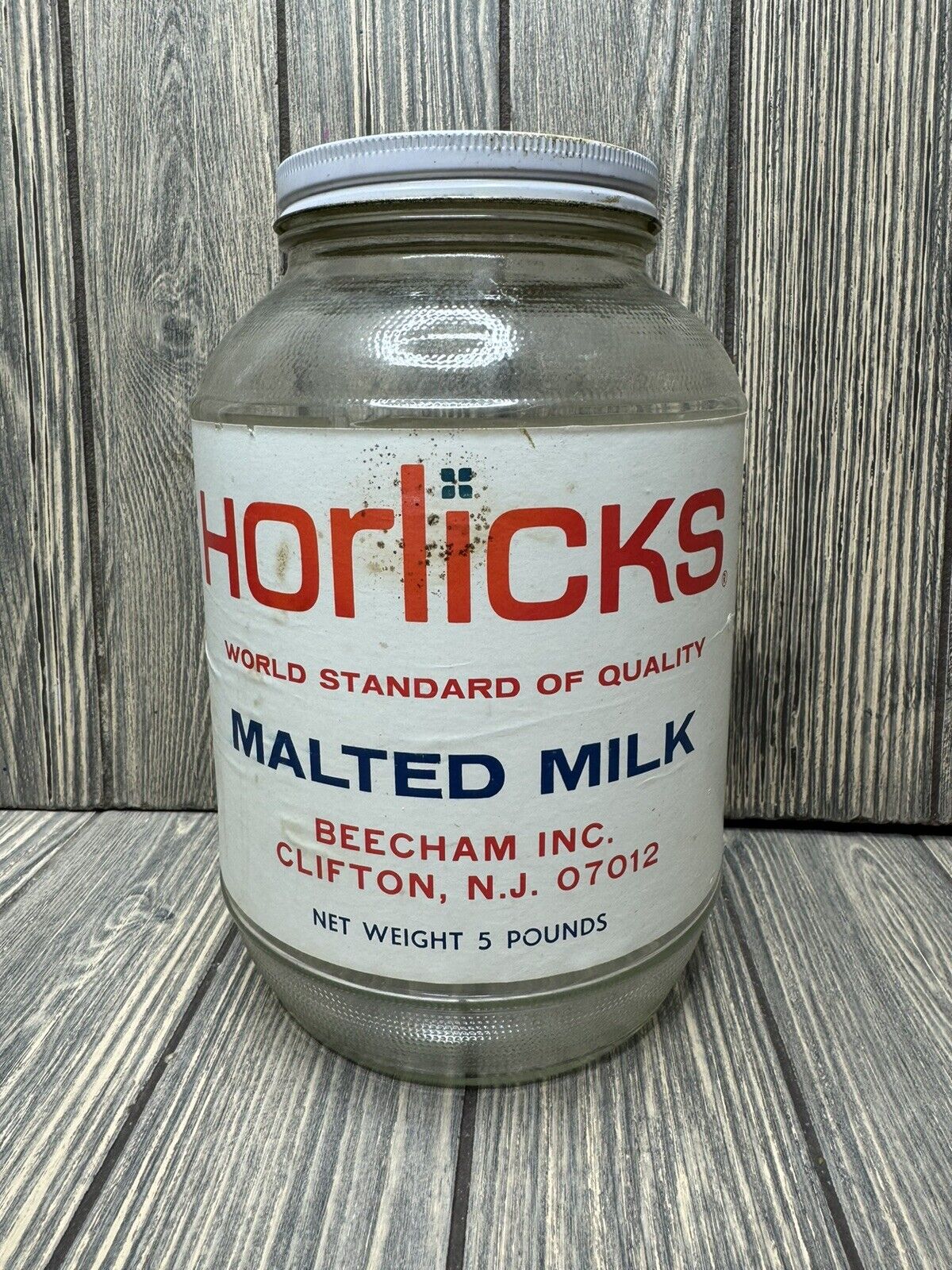 Vtg Horlick\'s Malted Milk Jar Jug Clear Glass 5 LB  & Original Box Clifton NJ