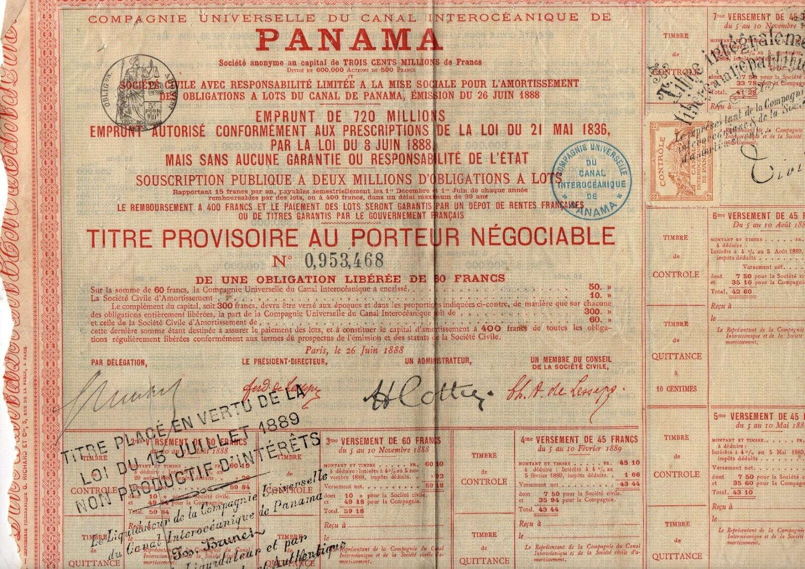Action PANAMA, 1888, 60 francs