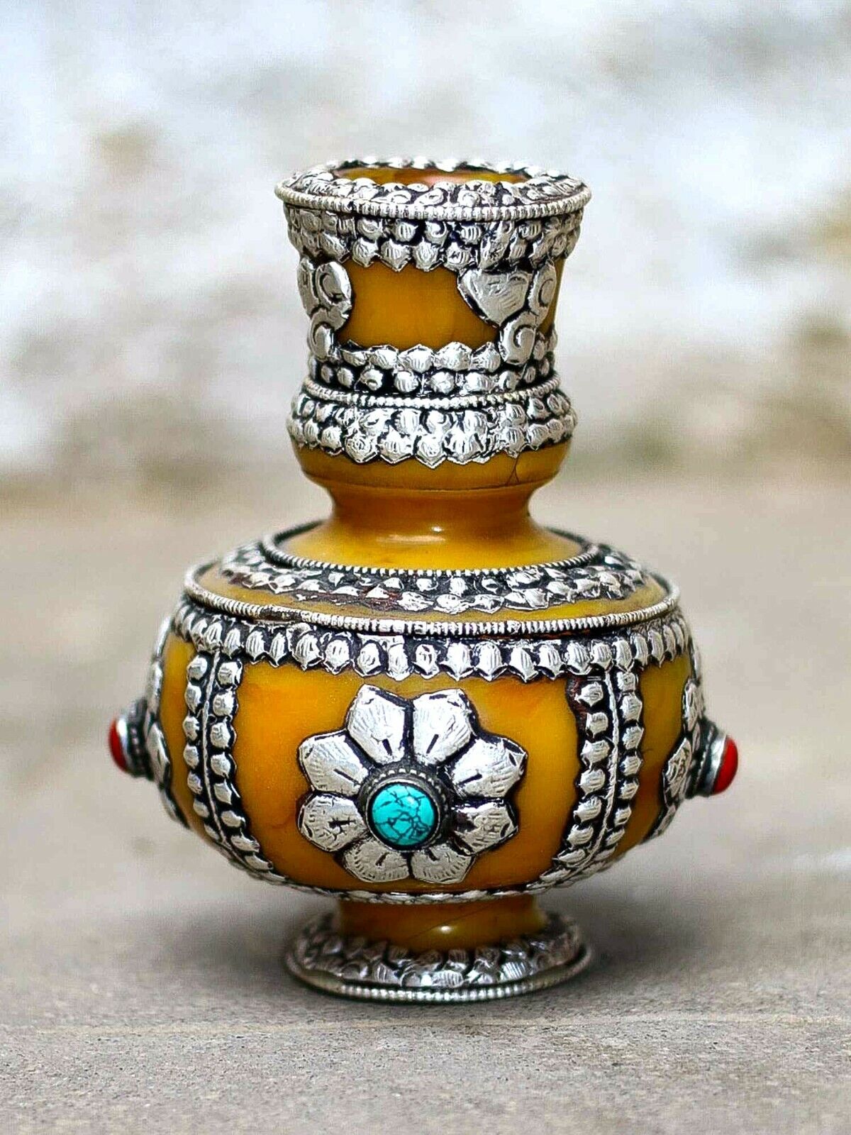 Small Silver Tibetan Amber Flower Vase Buddhist Nepali Work Collectible Décor
