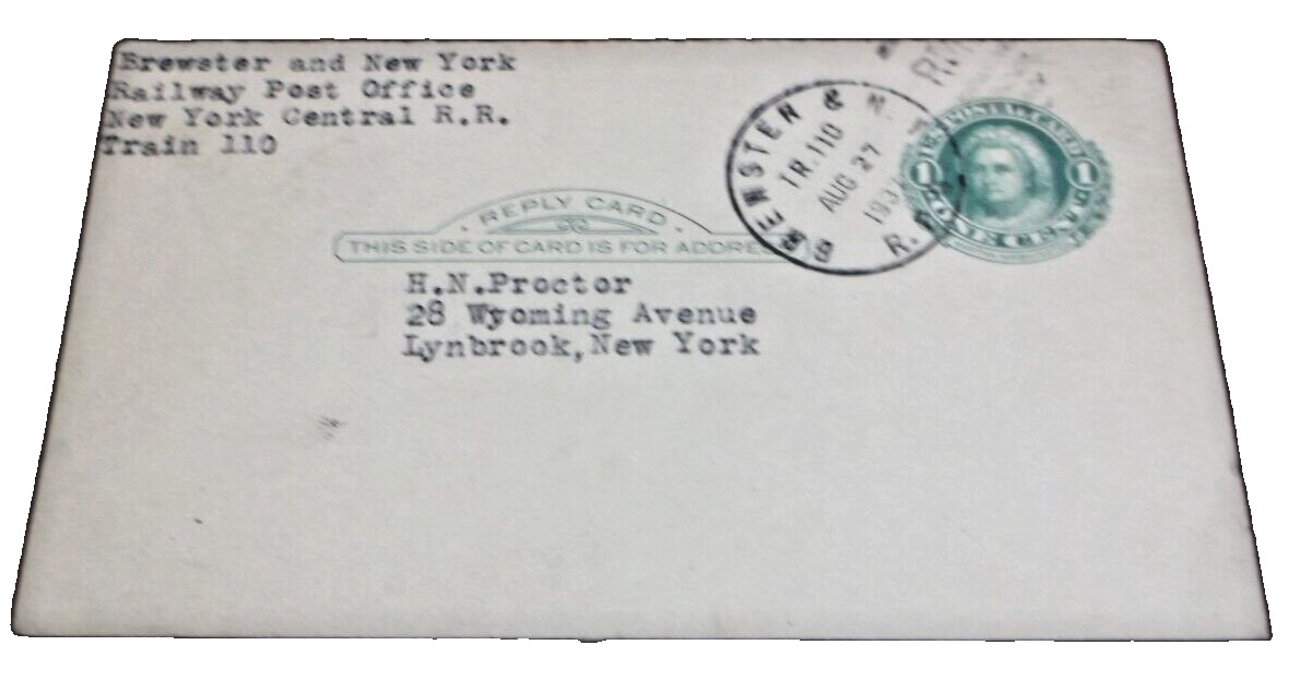 AUGUST 1937 NEW YORK CENTRAL NYC HARLEM BREWSTER & NEW YORK #110 RPO POST CARD