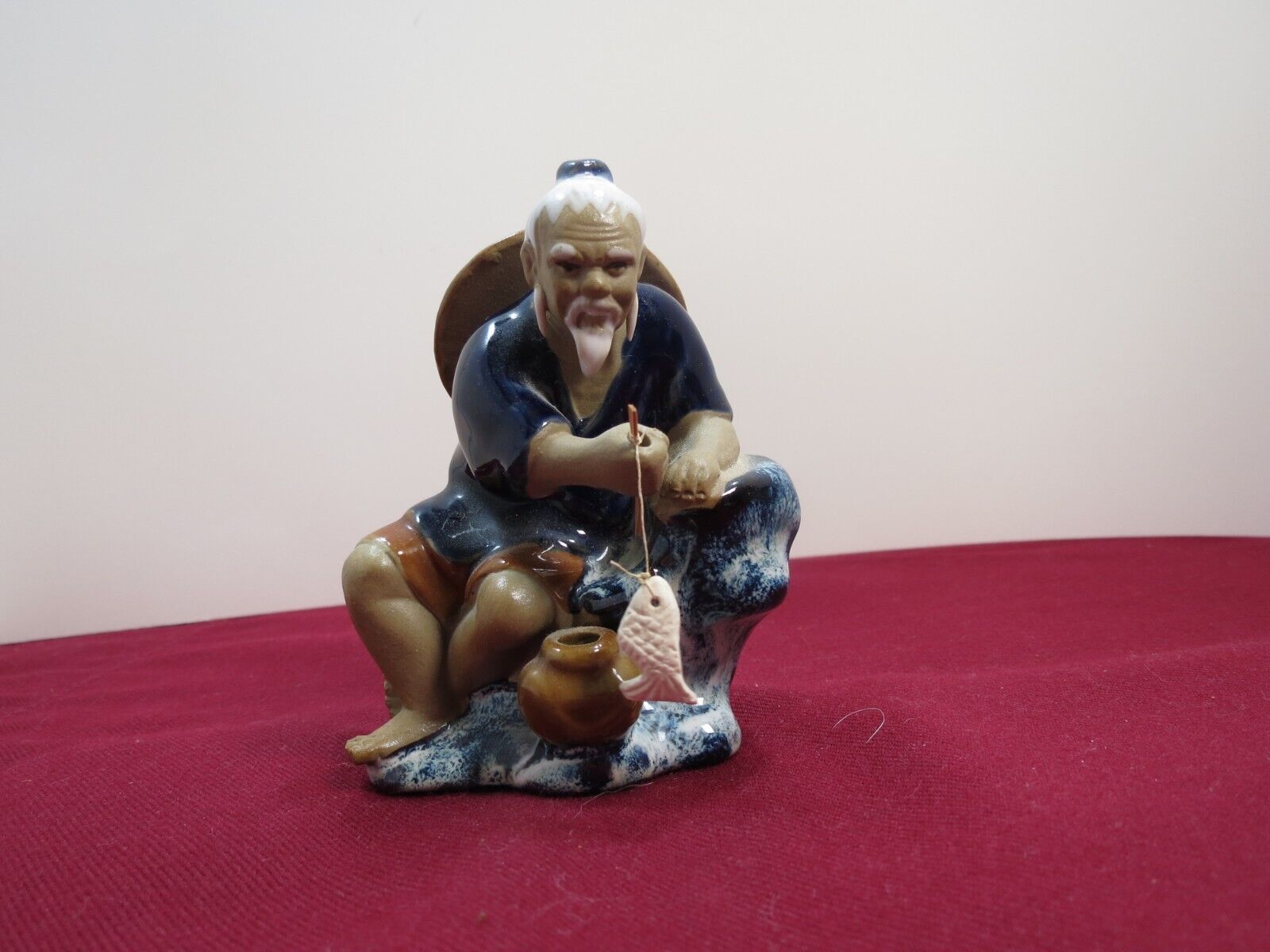 Vintage Shiwan Mudman Chinese Color Glazed Pottery Figurine Kneeling FISHING