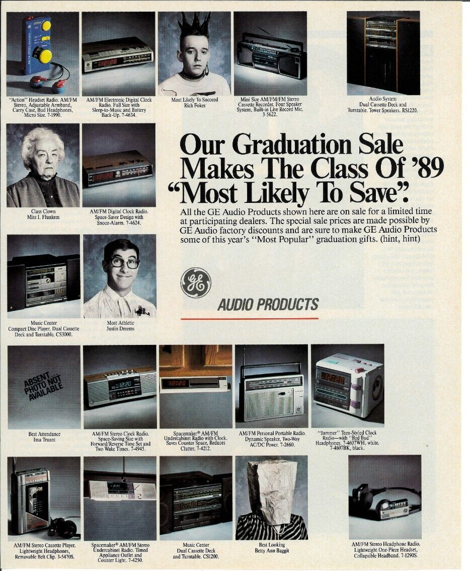 1989 GE Audio Stereo Radio Cassette Spacemaker Clock Vintage Magazine Print Ad