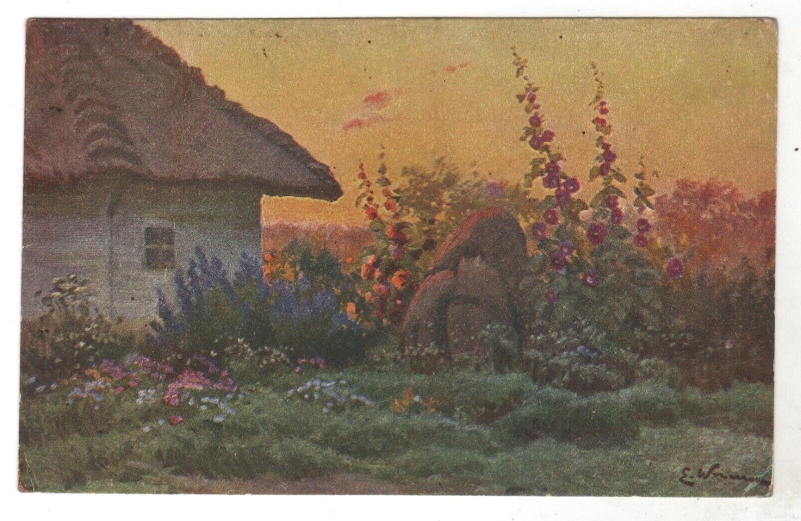 1930s Antique Postcard Sunset Ukrainian hut Flowers Mallow ART Ukraine OLD Card