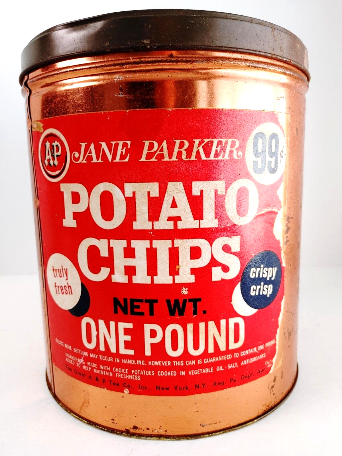 Vintage A&P Jane Parker Potato Chips Advertising Tin Canister 1 lb Size #21676
