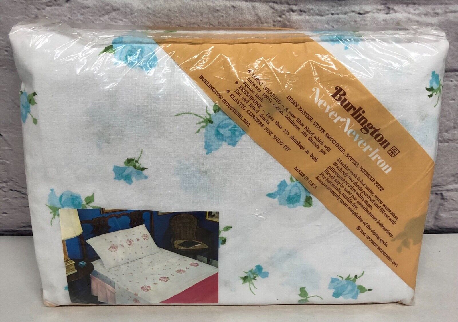 Vintage Burlington Never Never Iron Full Double Fitted Sheet Blue Floral