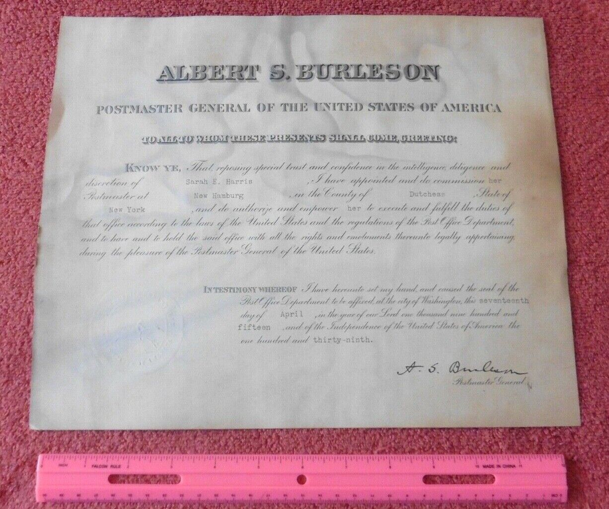 1915 Certificate Harris 1ST WOMAN Postmaster General Albert S. Burleson Signed