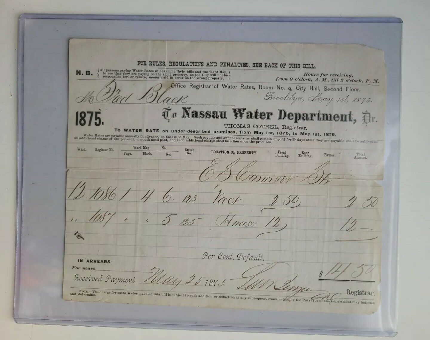 1875 Brooklyn NYC Nassau Water Department Water bill New York OLD New York City