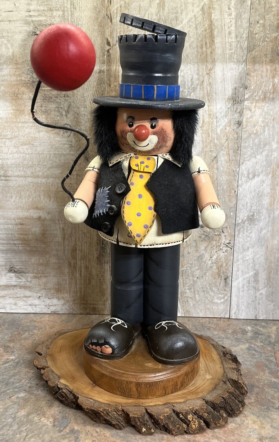Vintage Tall Wooden Clown With Balloon And Moving Tie