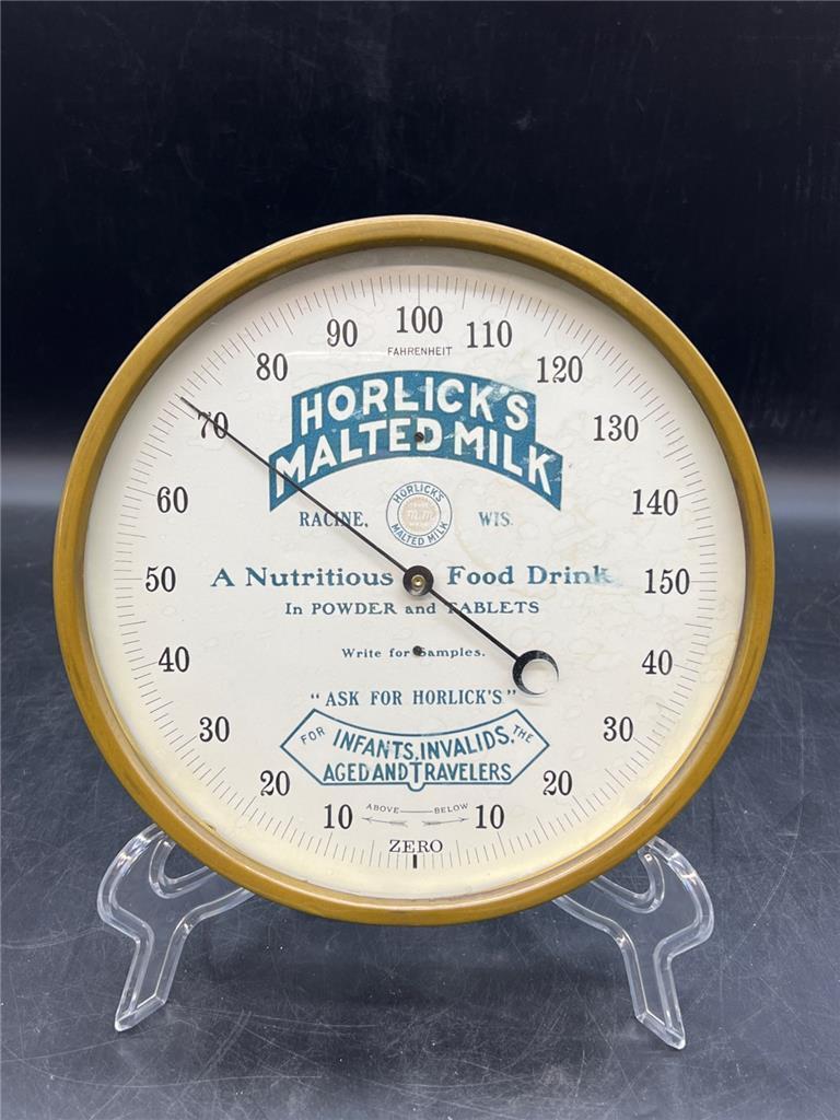 Vintage Brass Horlick's Malted Milk Racine WI Advertising Thermometer