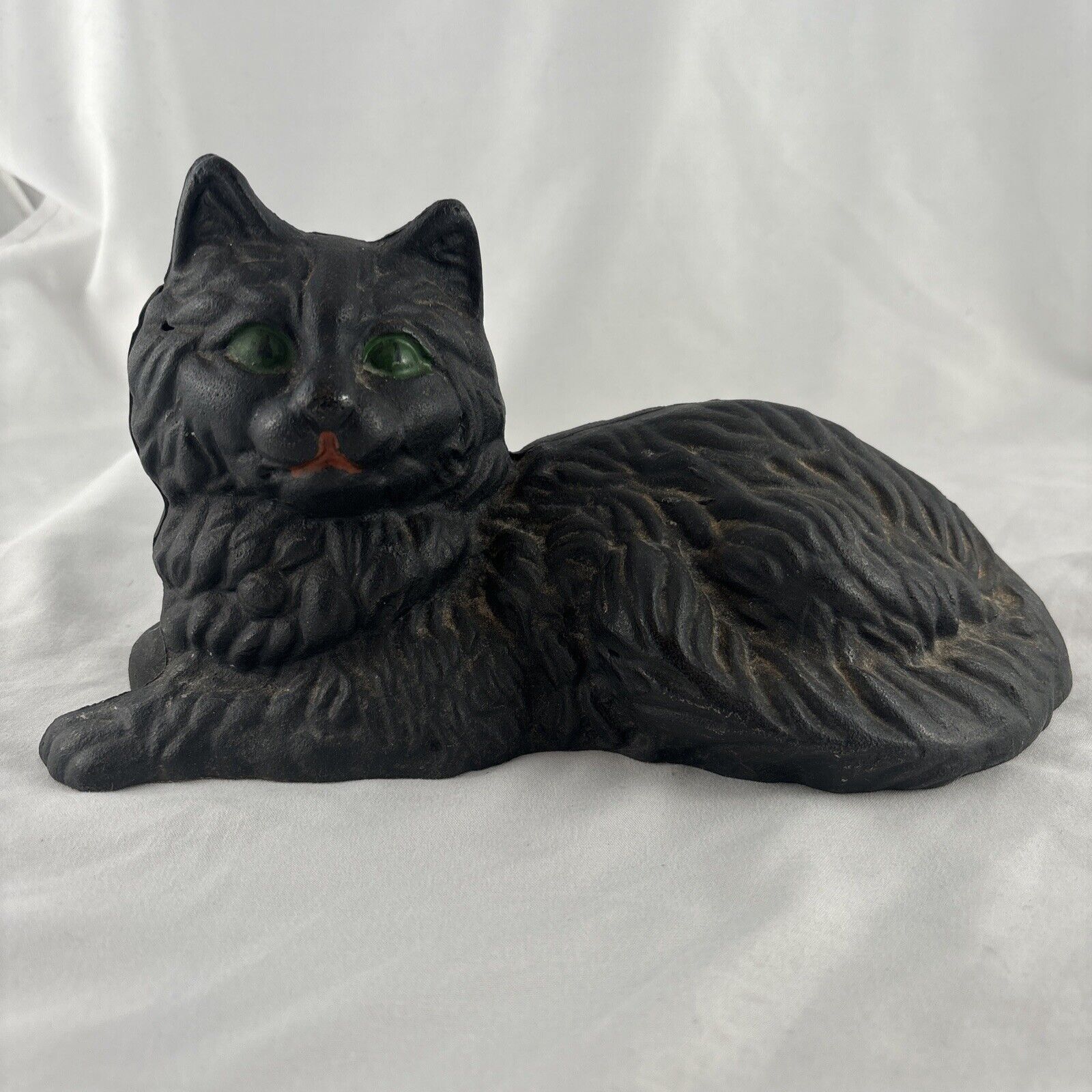 Vintage Hubley Style Cast Iron Lounging Persian Black Cat Doorstop Green Eyes