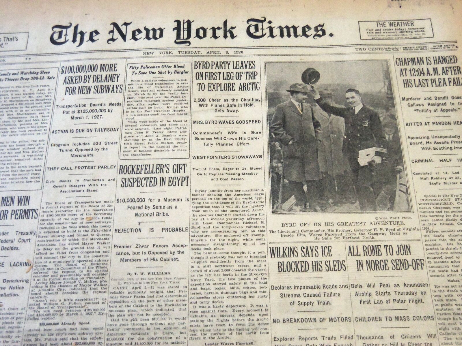 1926 APRIL 6 NEW YORK TIMES - BYRD PARTY LEAVES TO EXPLORE ARCTIC - NT 5685