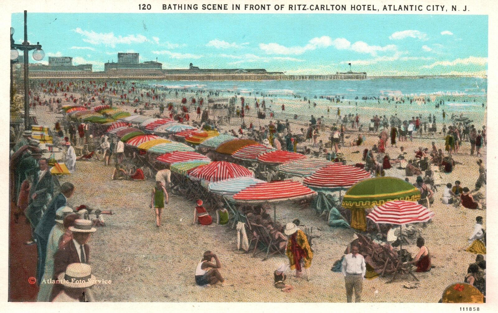 Vintage Postcard 1920's Bathing Scene Front Ritz Carlton Hotel Atlantic City NJ