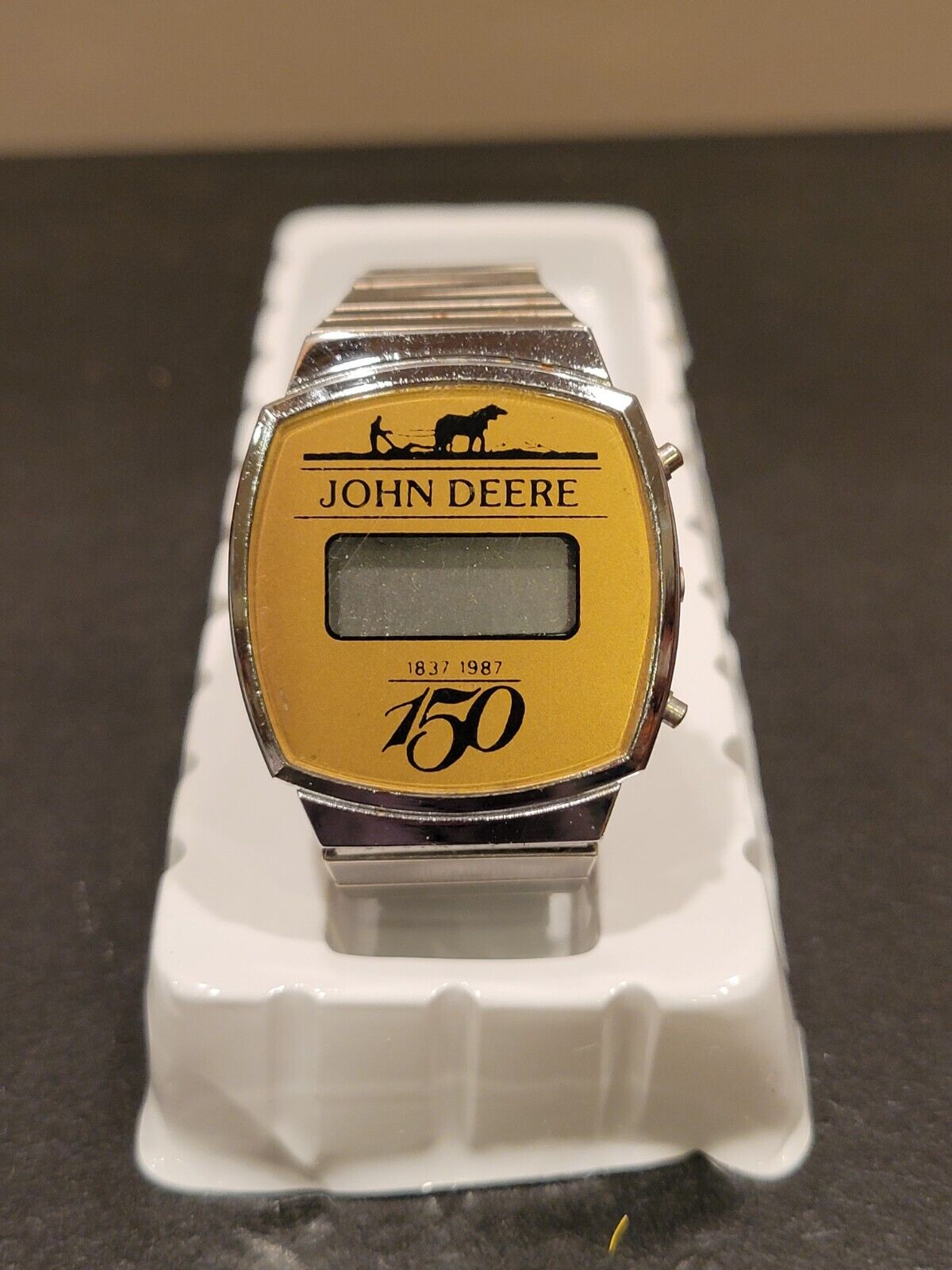 1987 John Deere Silver Metal Band Digital Watch 150 Years In Original Box
