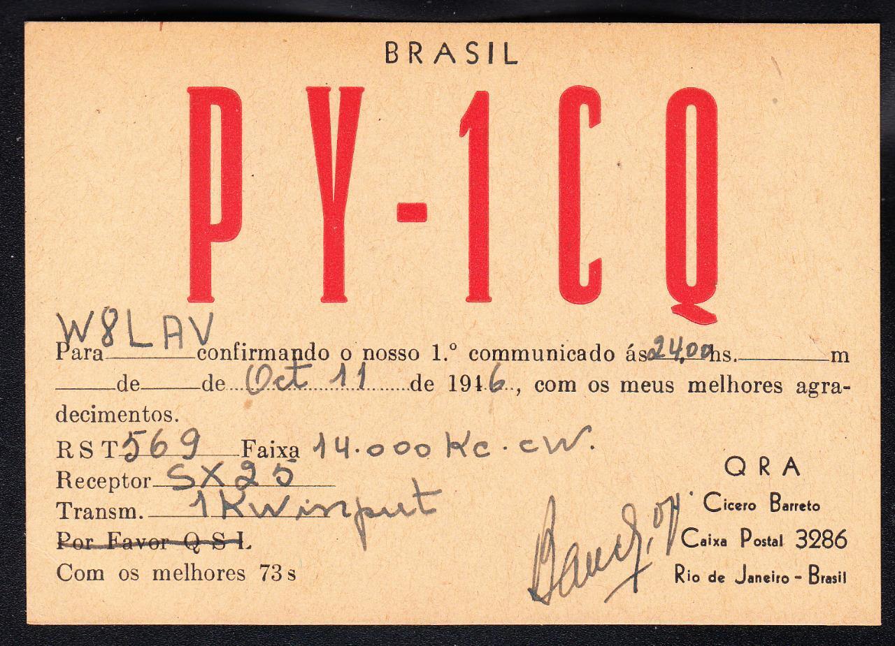 Vintage 1946 Rio de Janeiro Brazil PY1CQ HAM Radio QSL Card C154