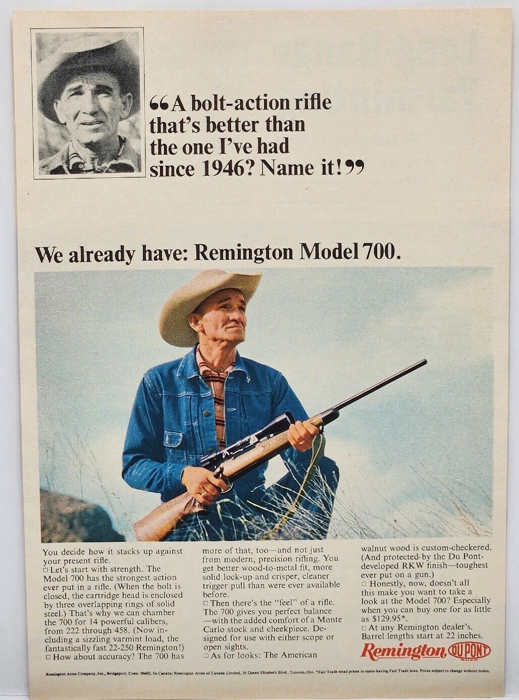 1965 Remington Model 700 Hunting Rifle Print Ad Bridgeport Conn