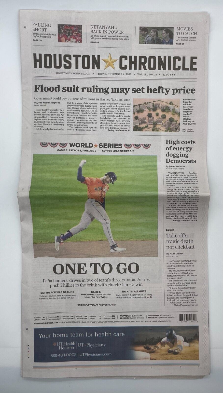ONE TO GO: Astros 2022 Game 5 World Series. Houston Chronicle.