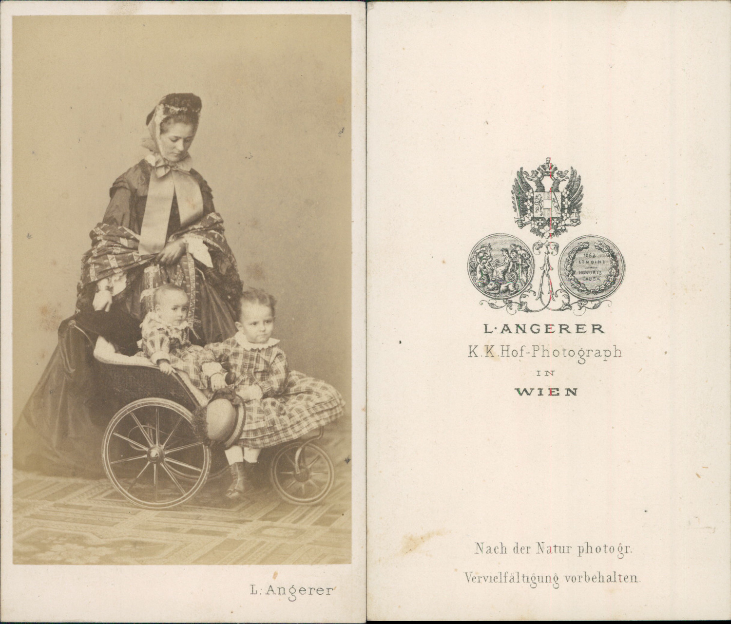 Angerer, Wien, young woman and her two grandchildren in pram stroller, circa