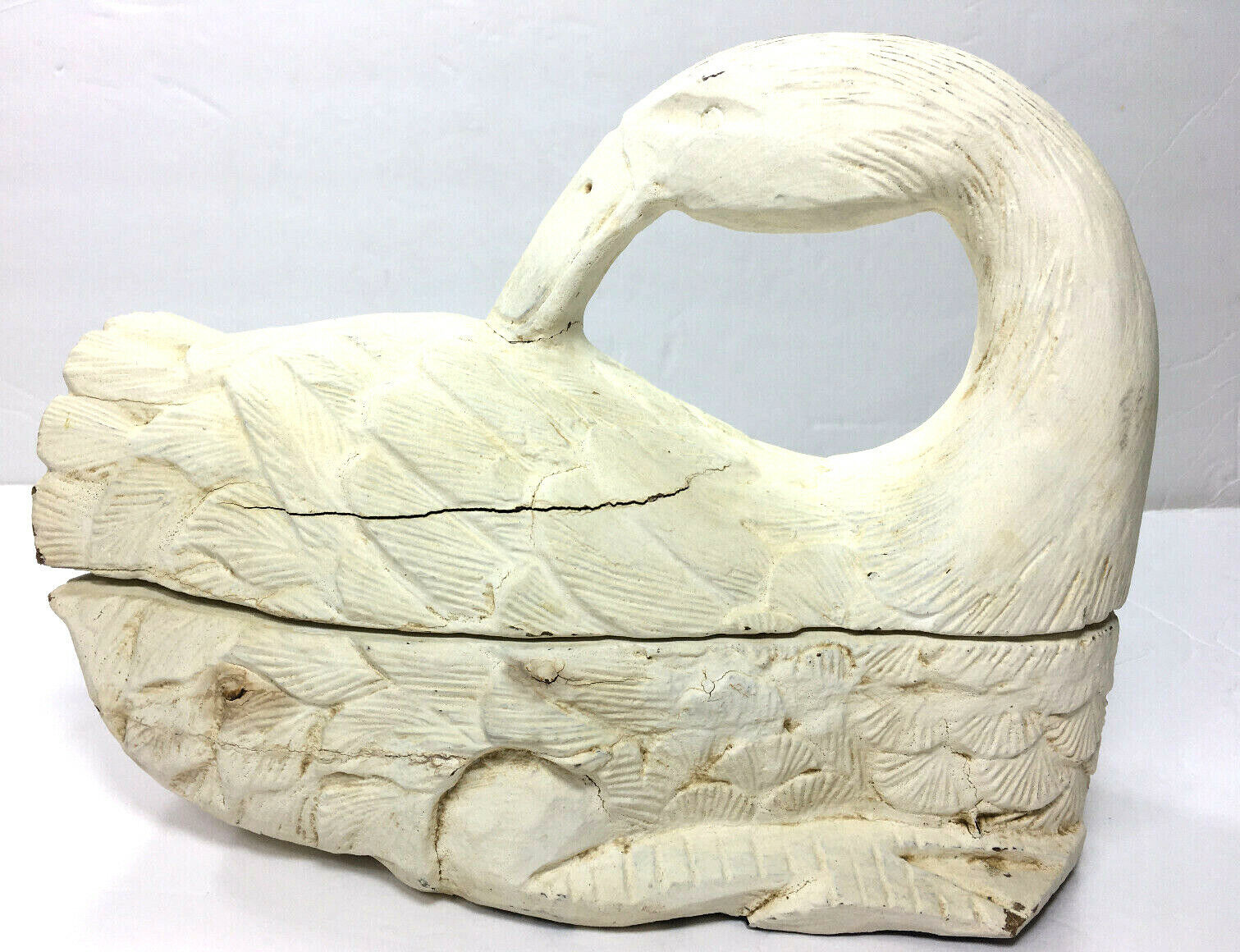 Antique Decoy Goose Wood Hand Carved Sleeping Goose Figurine/Trinket Box 8\