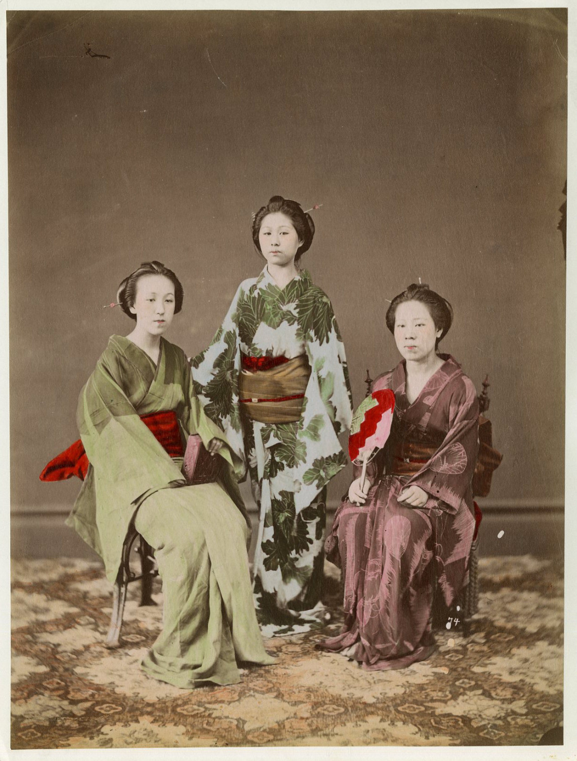 Japan, Girls Vintage Albumen Print.  21x27 Ci Watercolor Albumin Print