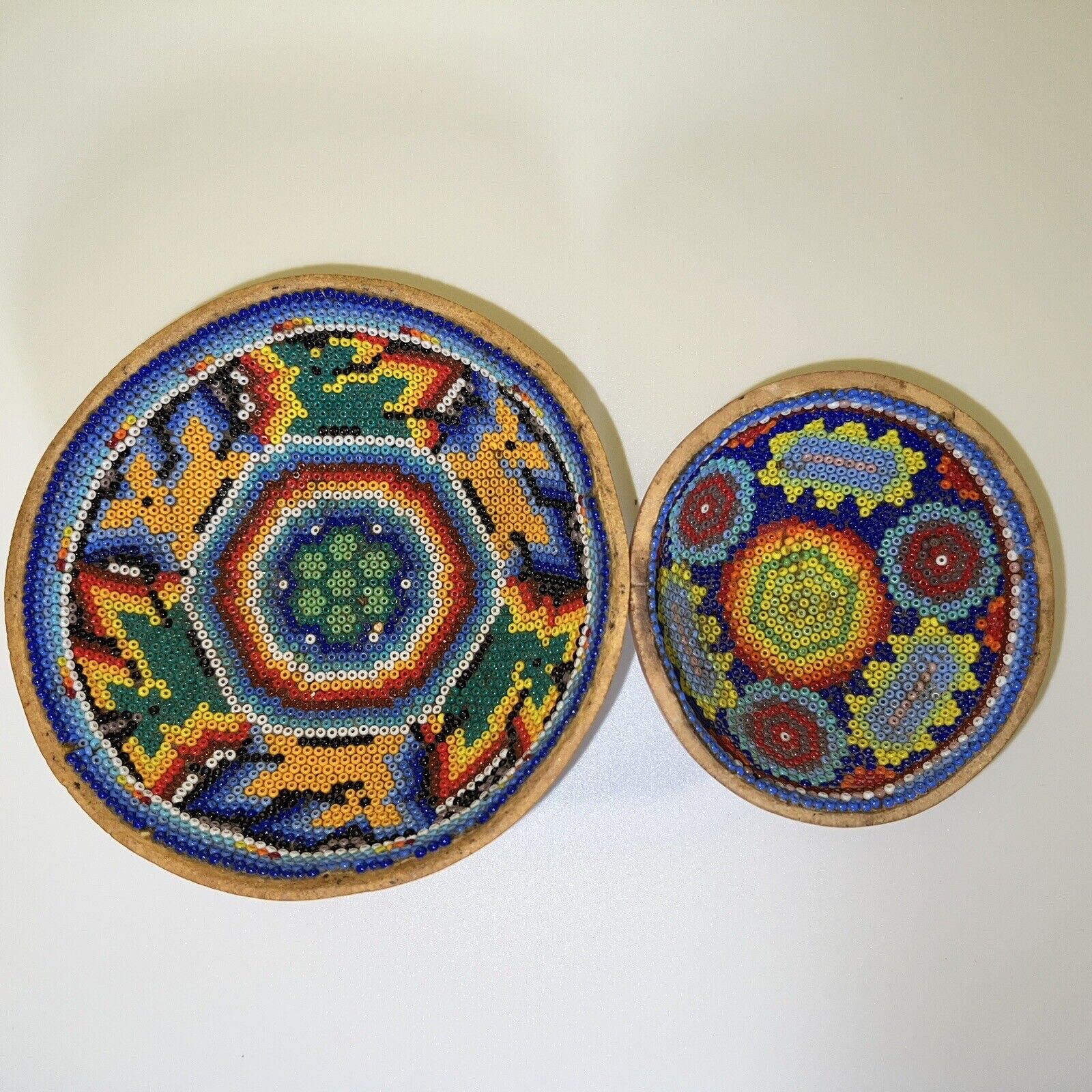 Vintage Mexican Art Gourd Huichol Bead Bowls Ceremonial Prayer Peyote Set Lot