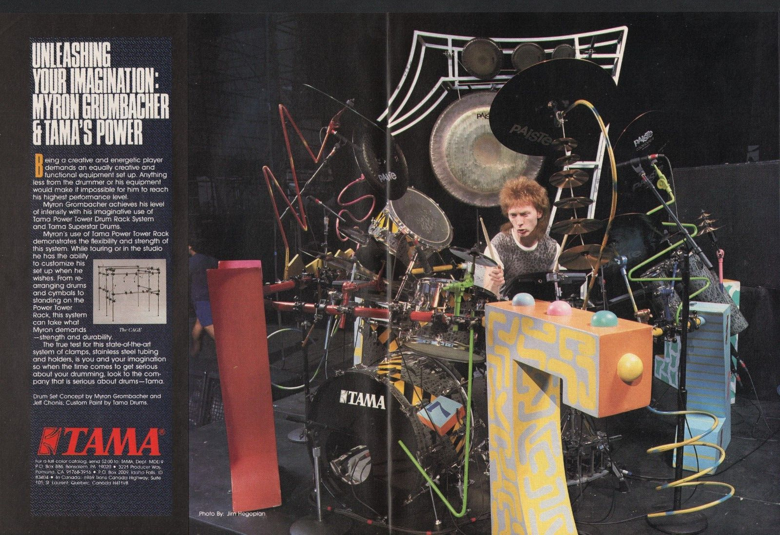 1986 2pg Print Ad of Tama Superstar Drums Power Tower Rack w Myron Grumbacher