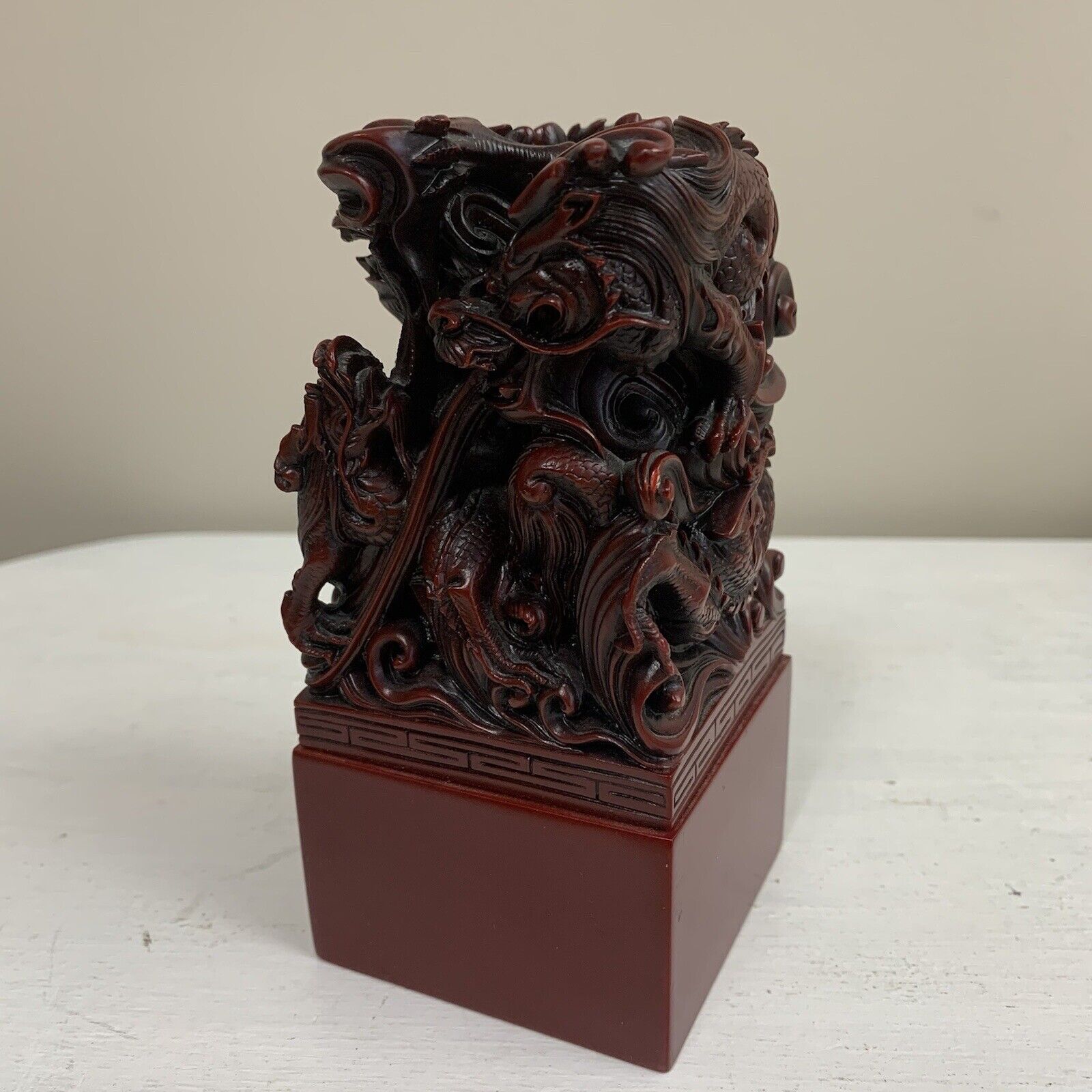 Antique Cinnabar Carved Dragons Statue On base.  