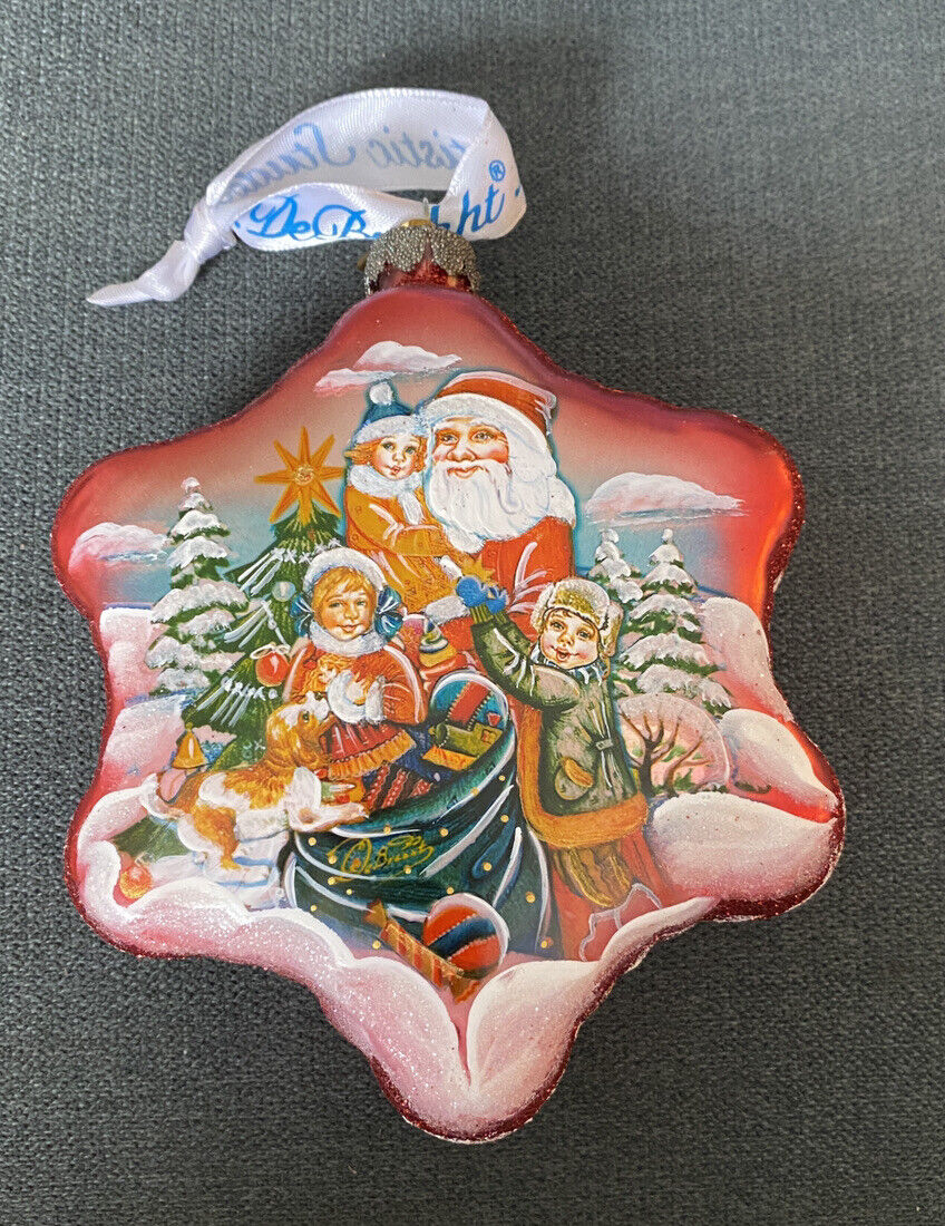 G DeBrekht Christmas Hand-Painted Red Glass 5” Star Ornament Santa Claus W/ Box