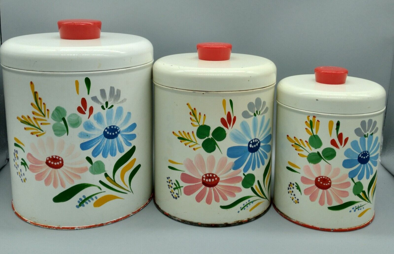 Vintage Ransburg Set of 3 White Hand-Painted  Nesting Metal Canisters