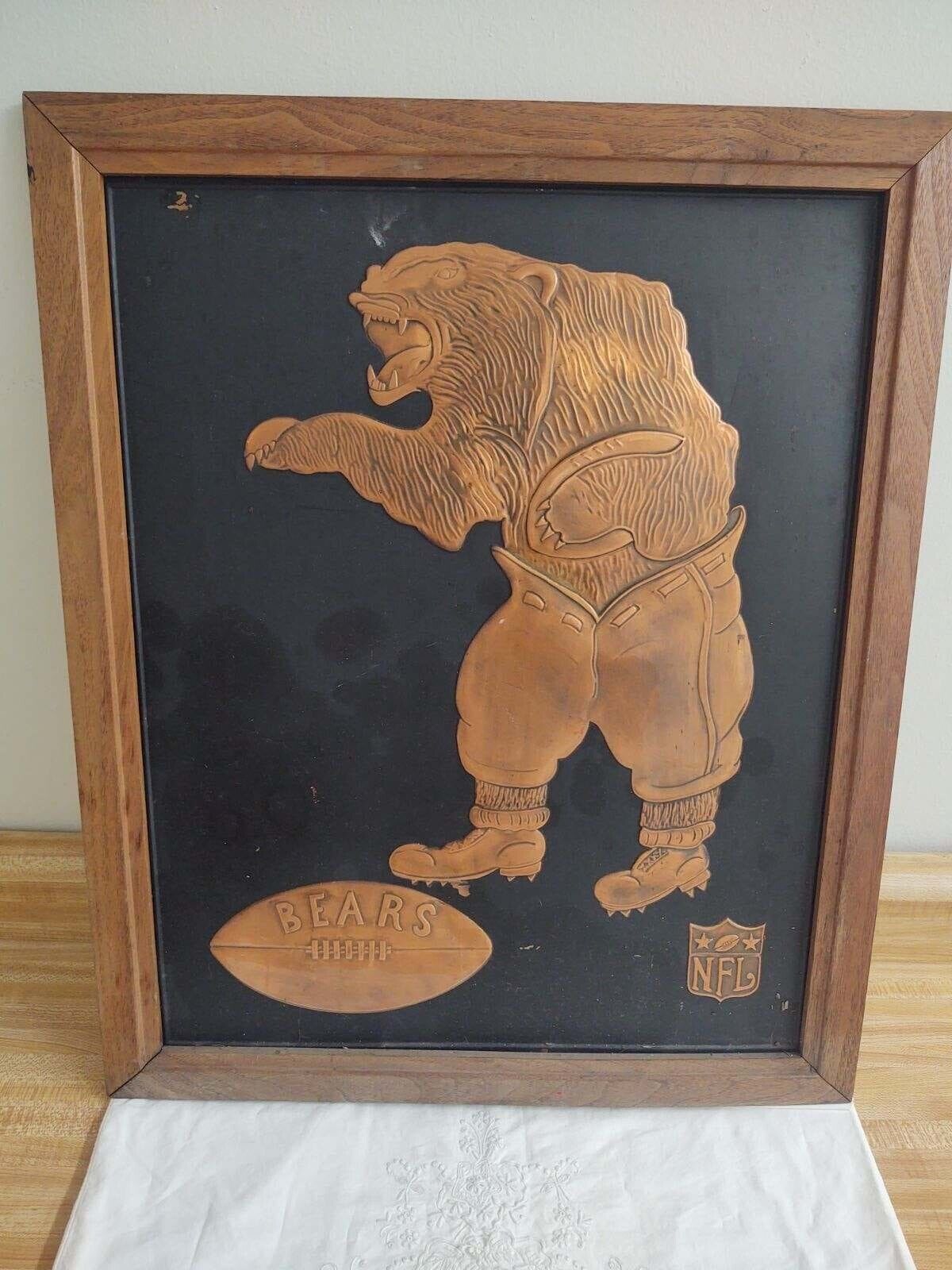 Vtg. copper relief large Chicago Bears picture; wood frame.
