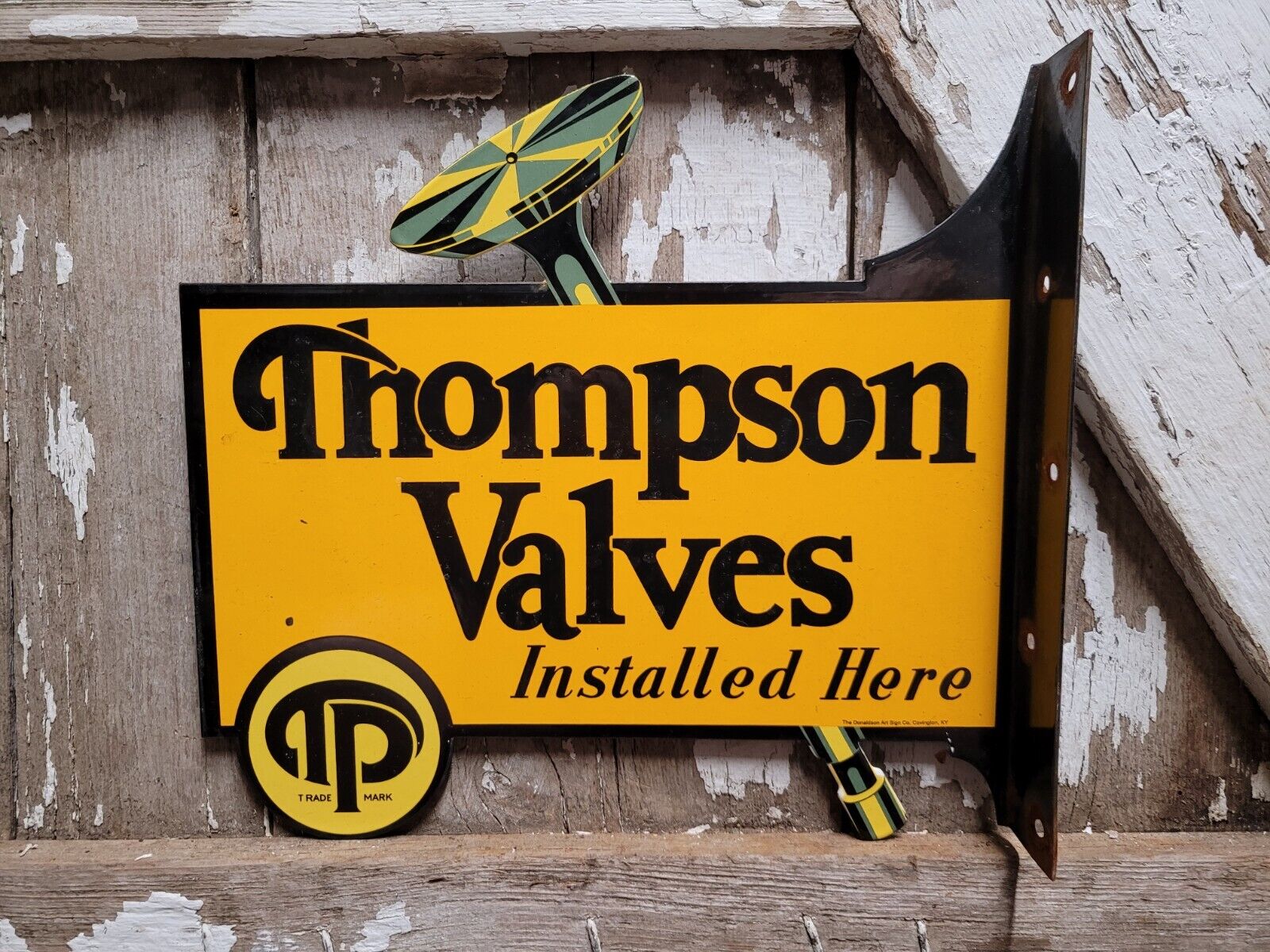 VINTAGE THOMPSON VALVES PORCELAIN FLANGE SIGN AUTOMOBILE ENGINE AUTO PART STORE
