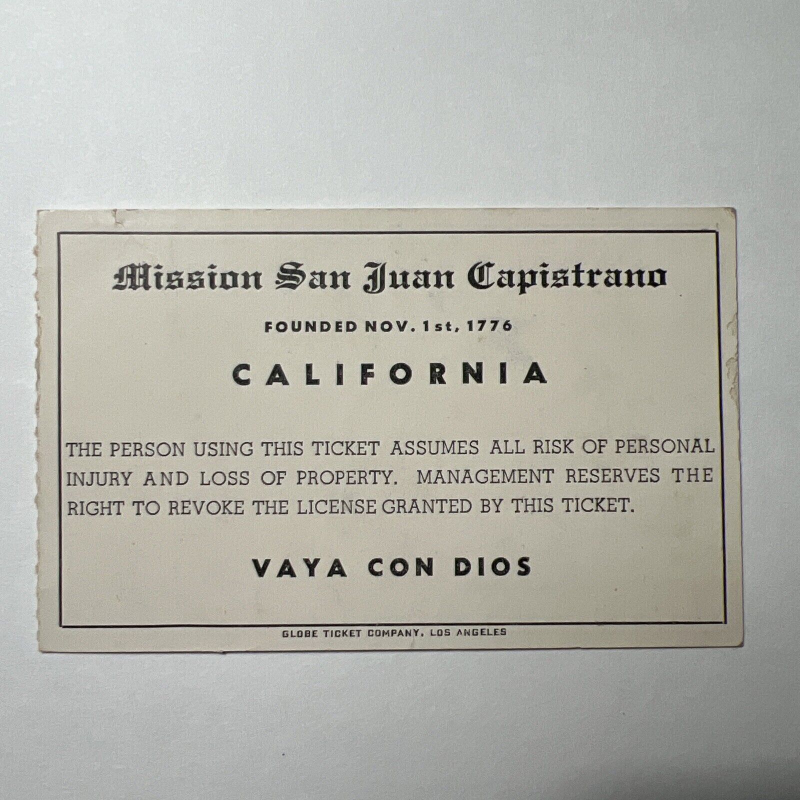 vintage MISSION SAN JUAN CAPISTRANO California Ticket ADMIT One 50 cents