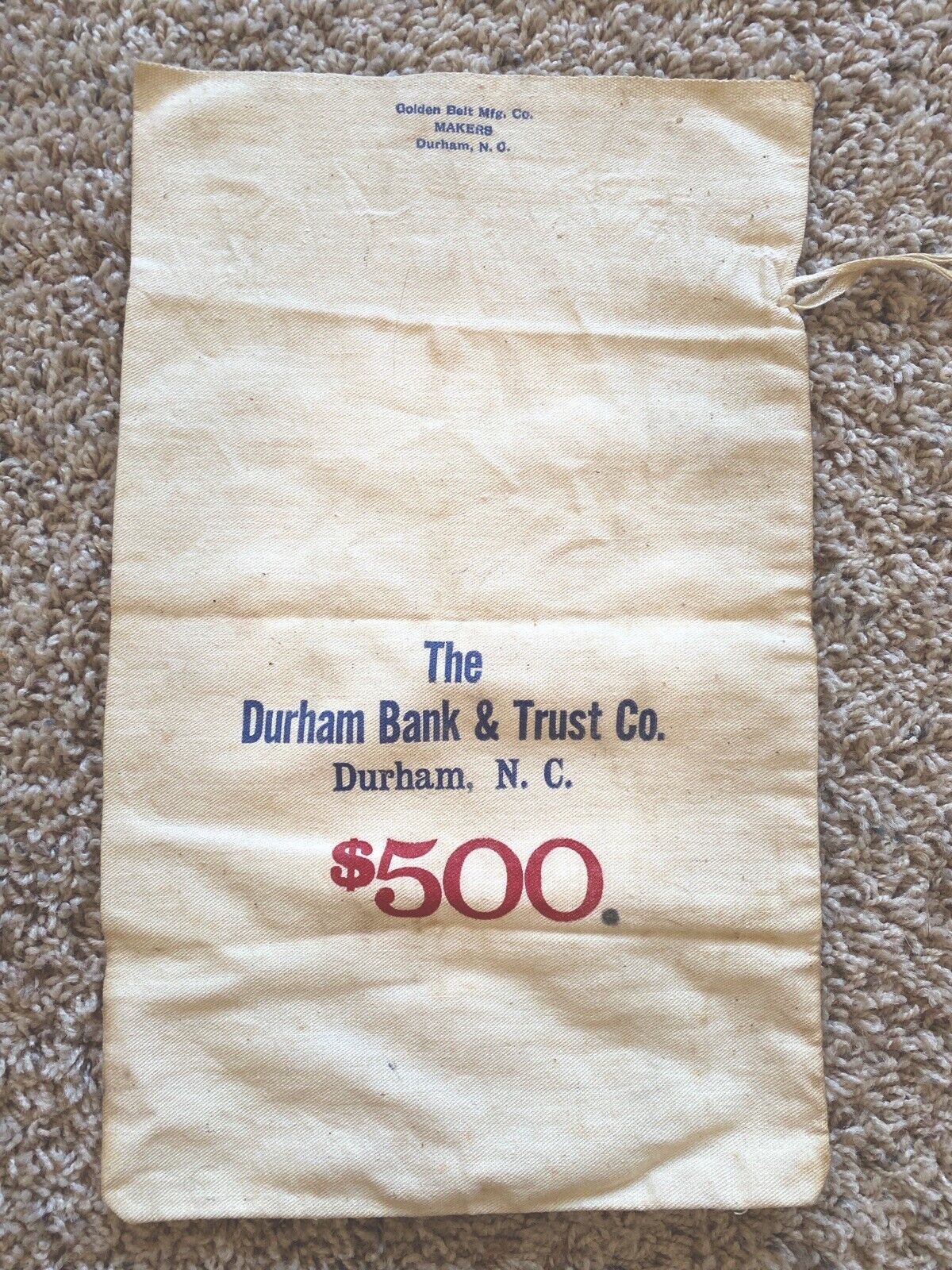 Vintage Durham Bank and Trust $500 Cash Bag, Durham NC