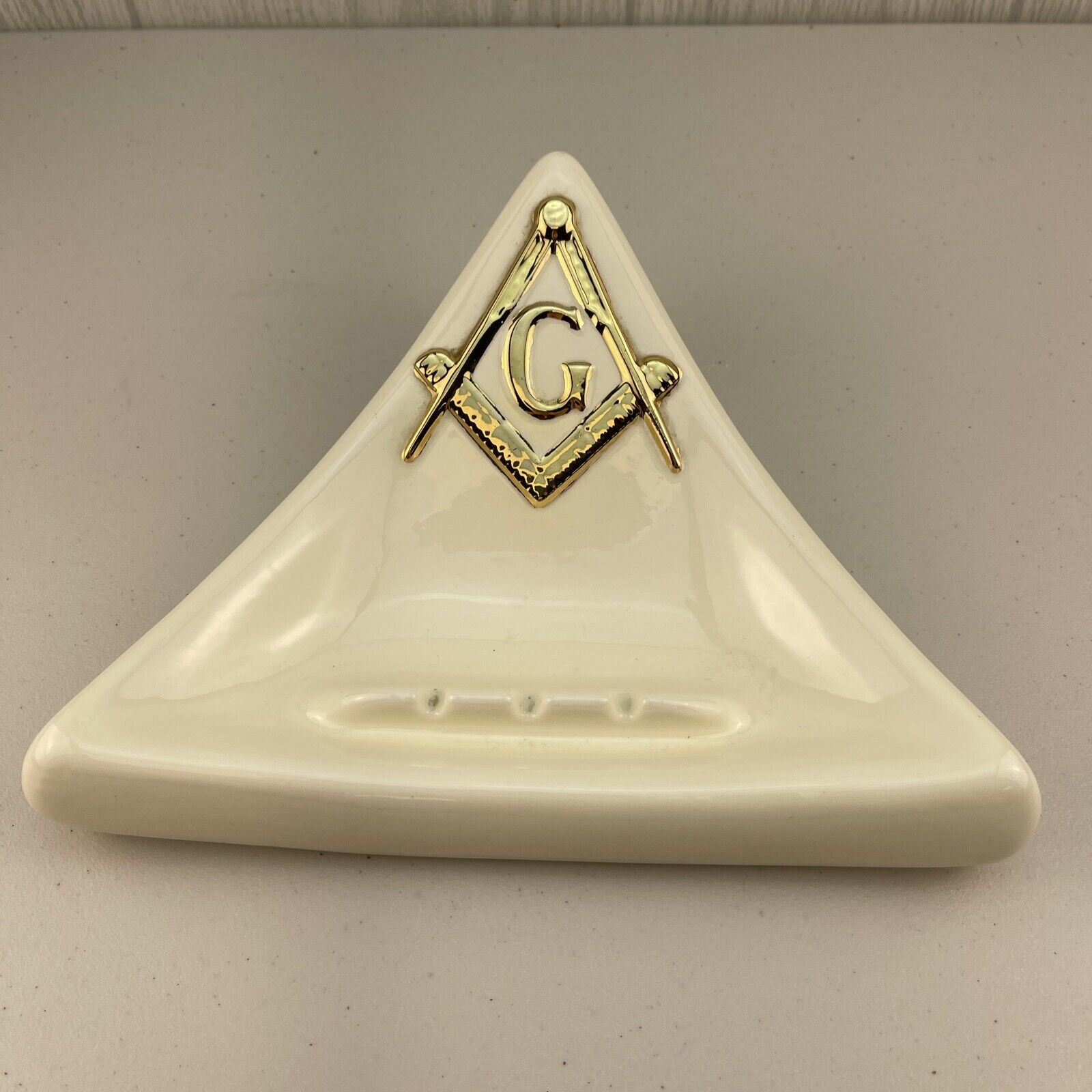 Vintage Mason Masonic Freemason Ceramic Triangular Ashtray Signed \