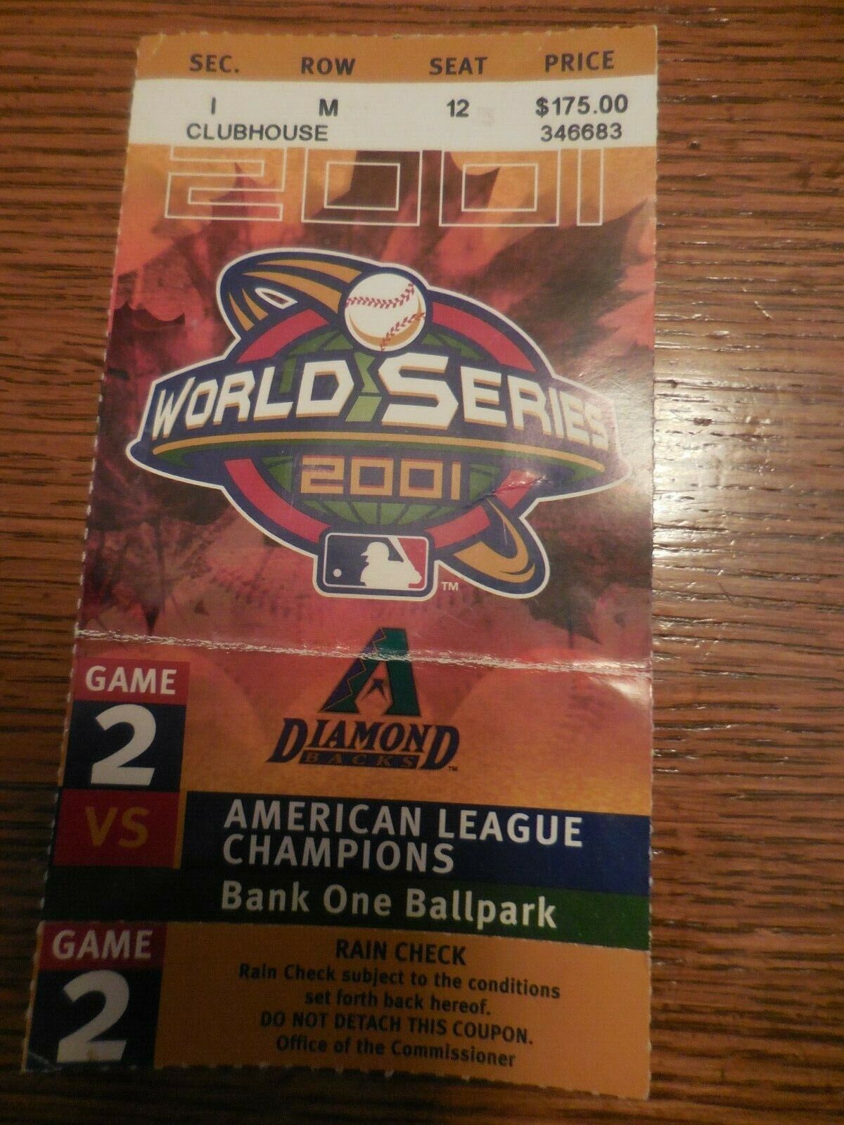 2001 World Series Game 2 Ticket Yankees Diamondbacks 