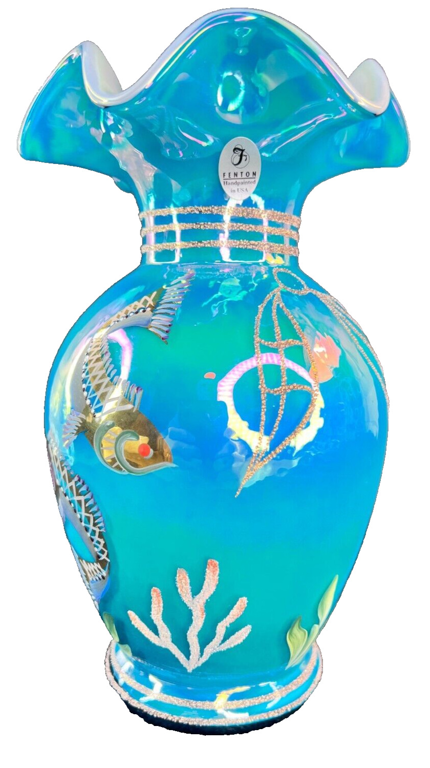 Fenton Turquoise Overlay Iridized Vase HP Gold Koi Fish Designer Showcase 2001