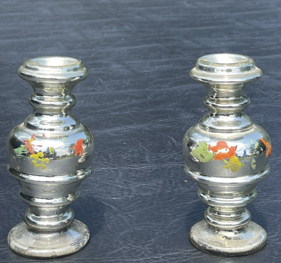 Charming Pair Of Early American Floral Polychromed Mercury Glass Candle Holders